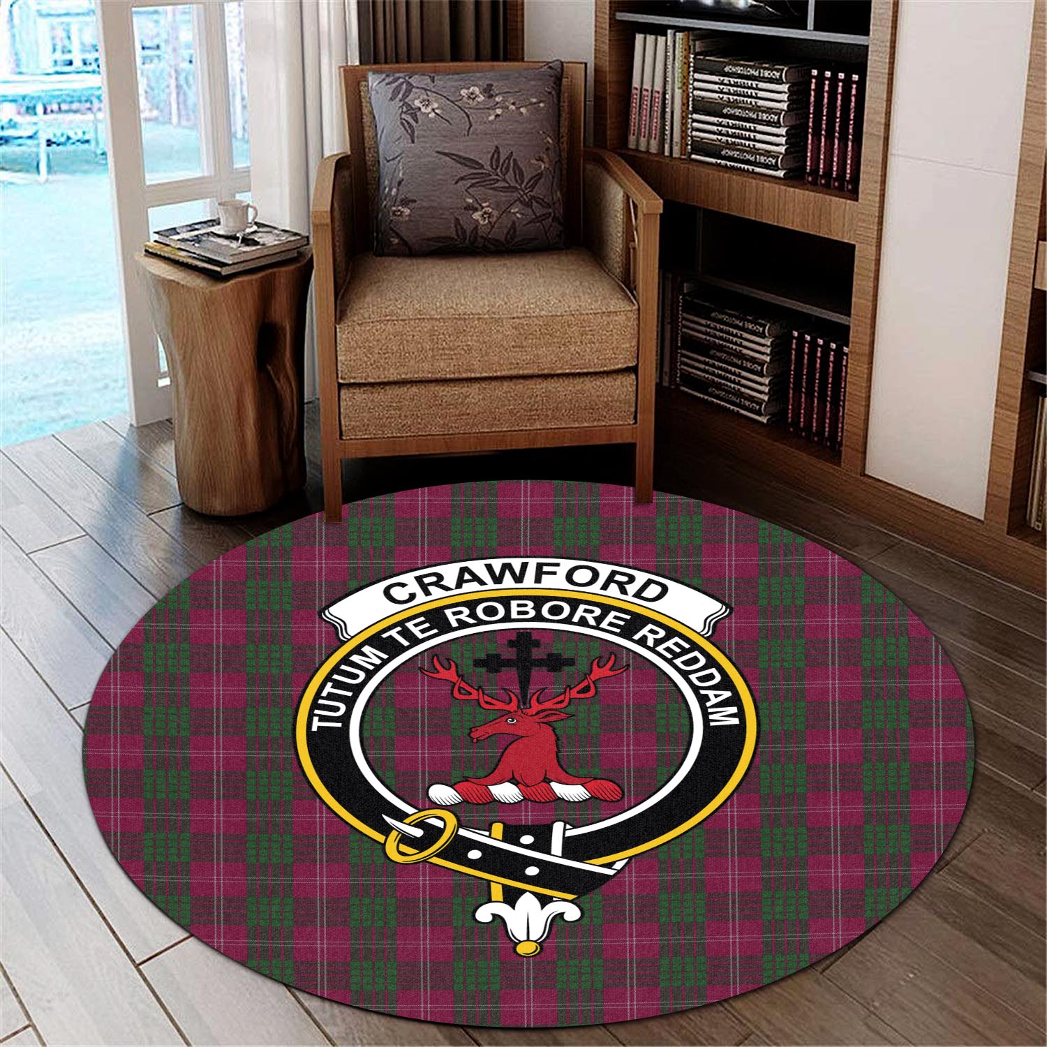 Crawford Tartan Round Rug with Family Crest - Tartanvibesclothing