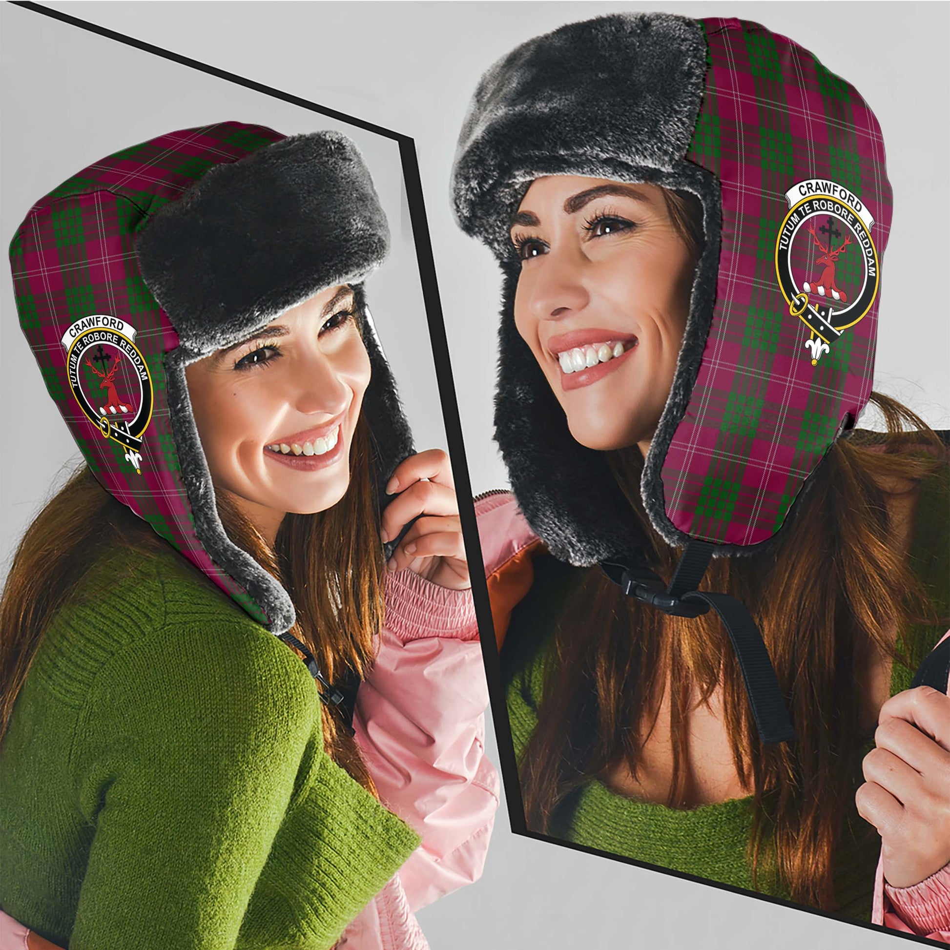 Crawford Tartan Winter Trapper Hat with Family Crest - Tartanvibesclothing