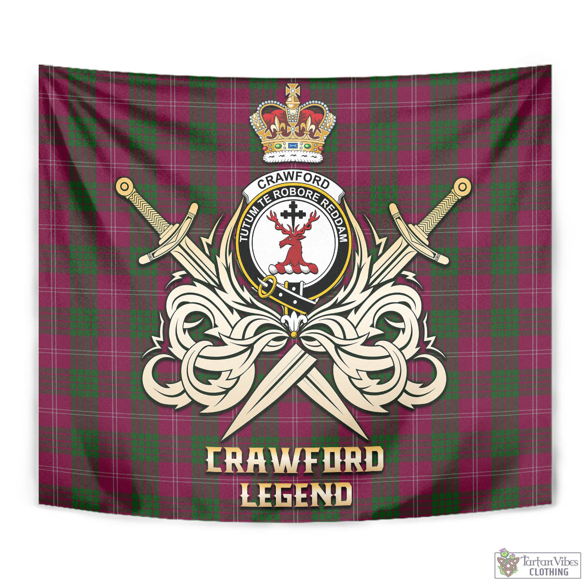 Tartan Vibes Clothing Crawford Tartan Tapestry with Clan Crest and the Golden Sword of Courageous Legacy