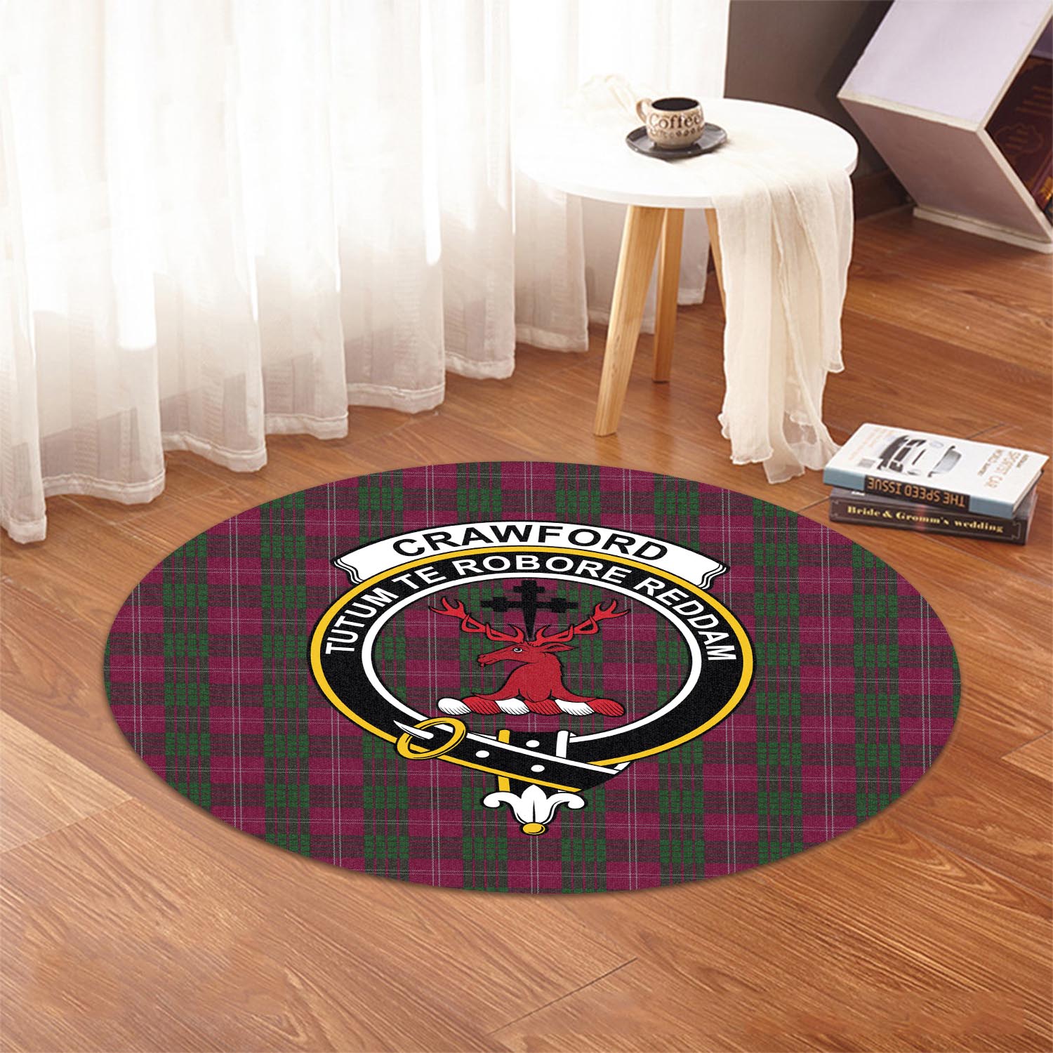 Crawford Tartan Round Rug with Family Crest - Tartanvibesclothing