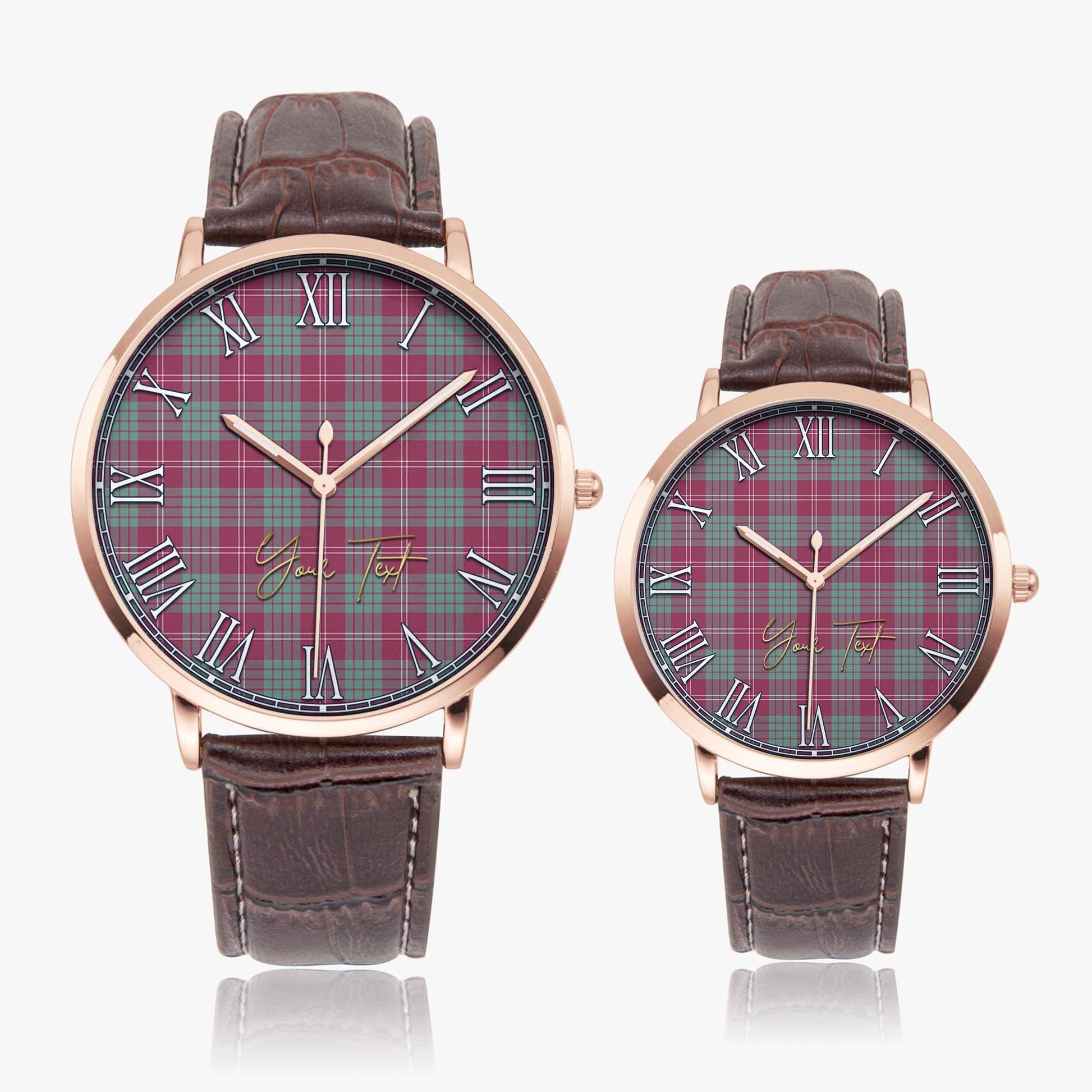 Crawford Ancient Tartan Personalized Your Text Leather Trap Quartz Watch Ultra Thin Rose Gold Case With Brown Leather Strap - Tartanvibesclothing