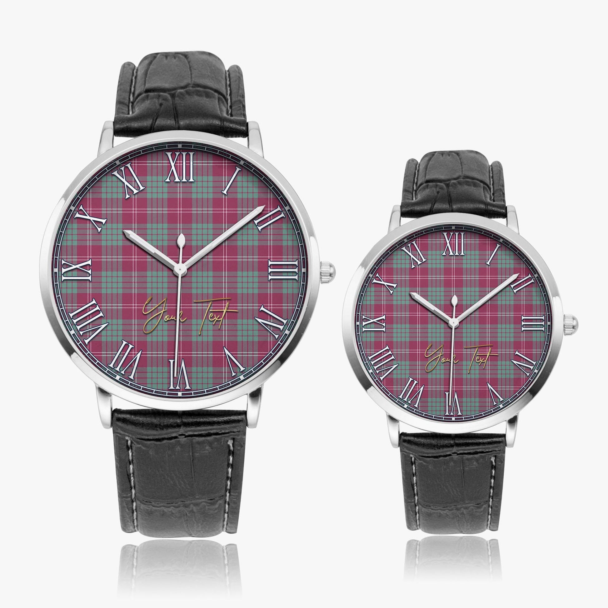 Crawford Ancient Tartan Personalized Your Text Leather Trap Quartz Watch Ultra Thin Silver Case With Black Leather Strap - Tartanvibesclothing