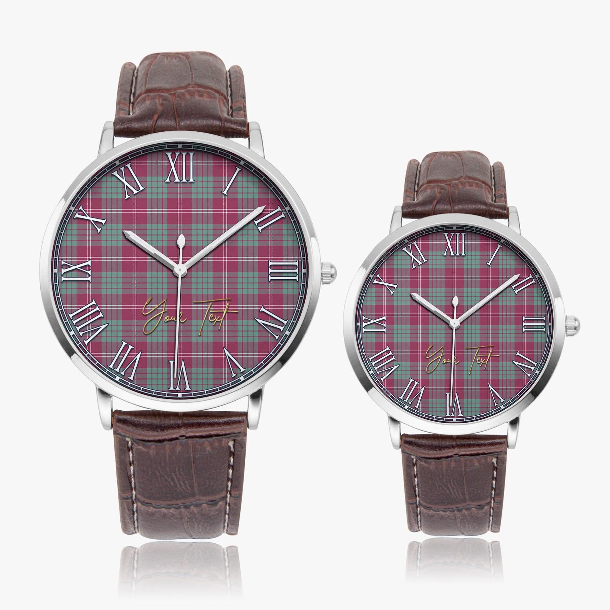 Crawford Ancient Tartan Personalized Your Text Leather Trap Quartz Watch Ultra Thin Silver Case With Brown Leather Strap - Tartanvibesclothing