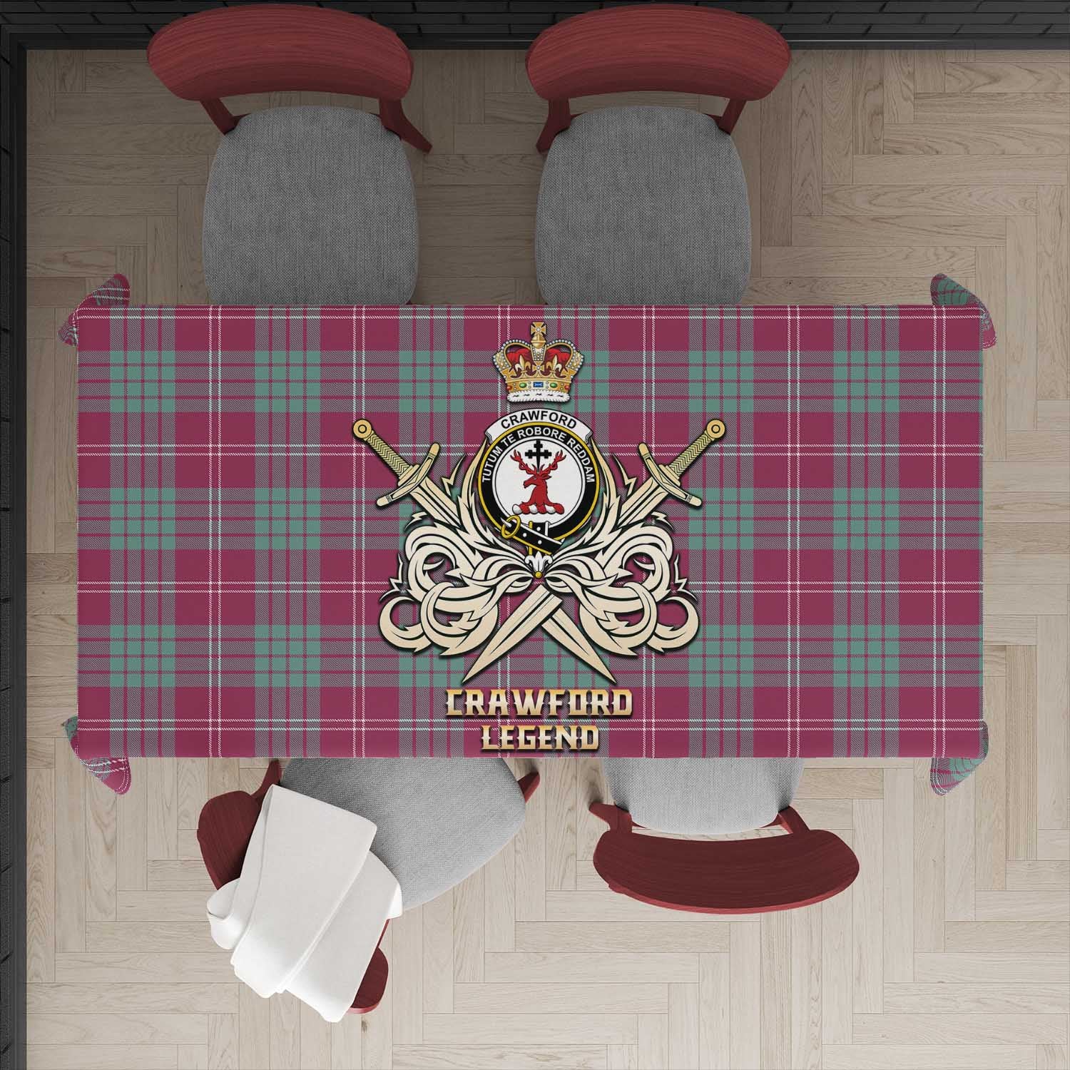 Tartan Vibes Clothing Crawford Ancient Tartan Tablecloth with Clan Crest and the Golden Sword of Courageous Legacy