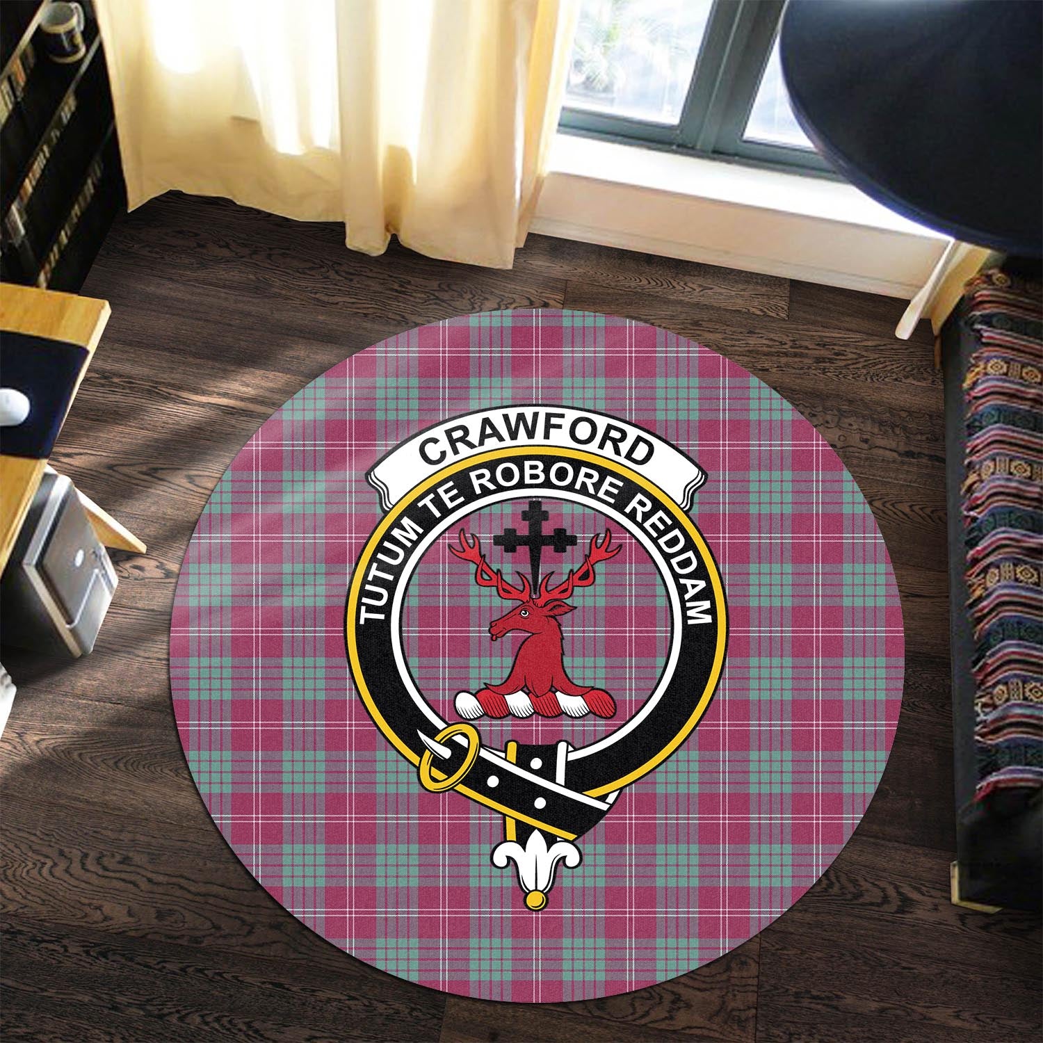 Crawford Ancient Tartan Round Rug with Family Crest - Tartanvibesclothing