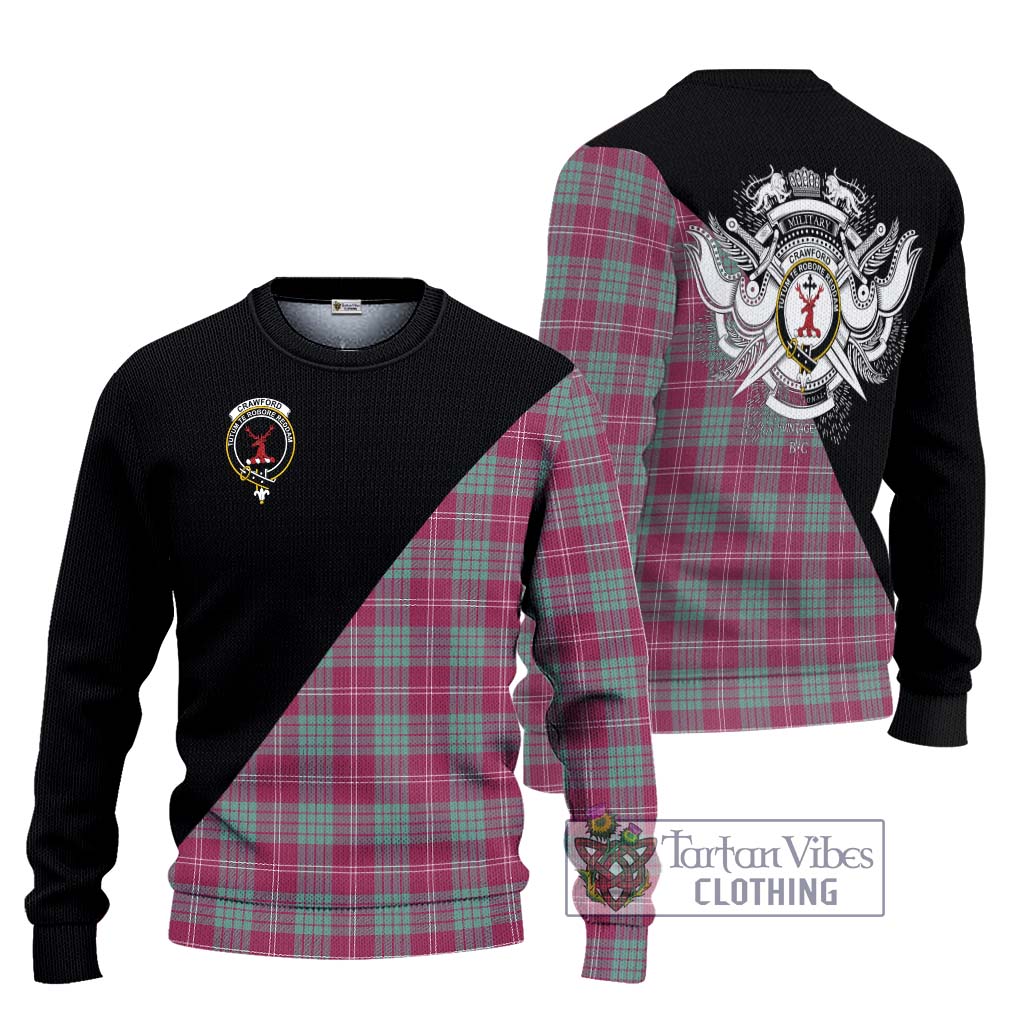 Tartan Vibes Clothing Crawford Ancient Tartan Knitted Sweater with Family Crest and Military Logo Style