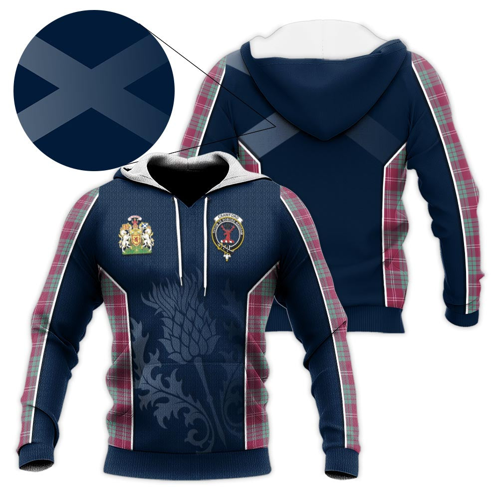 Tartan Vibes Clothing Crawford Ancient Tartan Knitted Hoodie with Family Crest and Scottish Thistle Vibes Sport Style