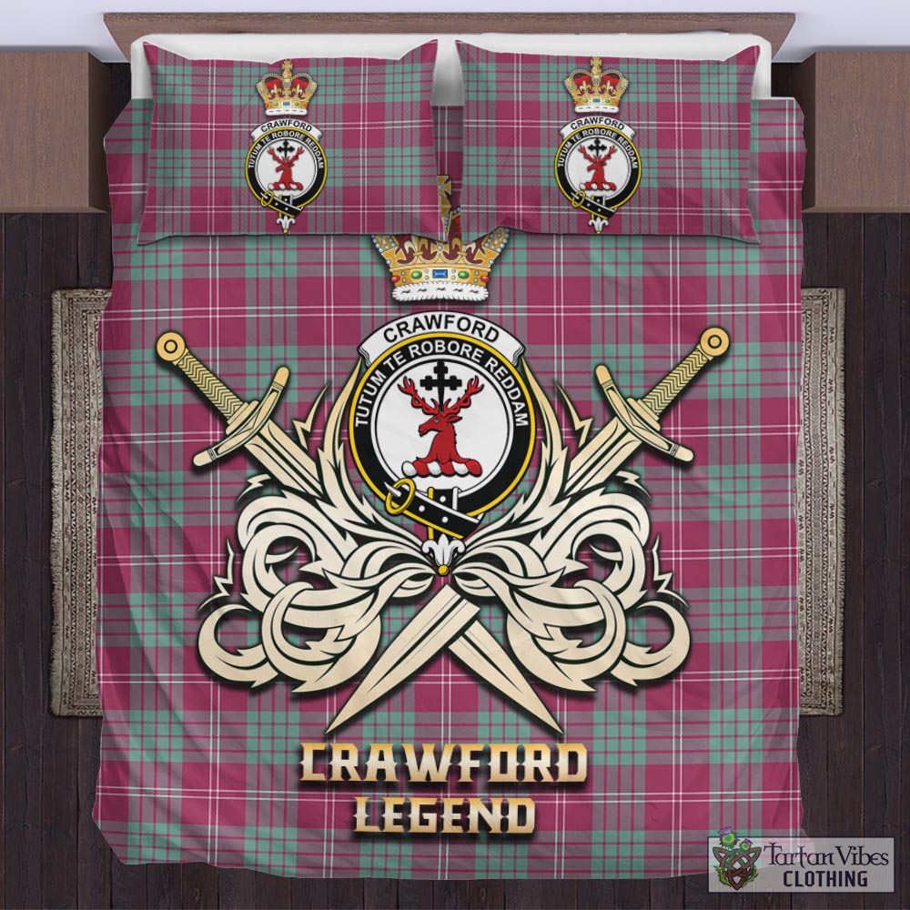 Tartan Vibes Clothing Crawford Ancient Tartan Bedding Set with Clan Crest and the Golden Sword of Courageous Legacy