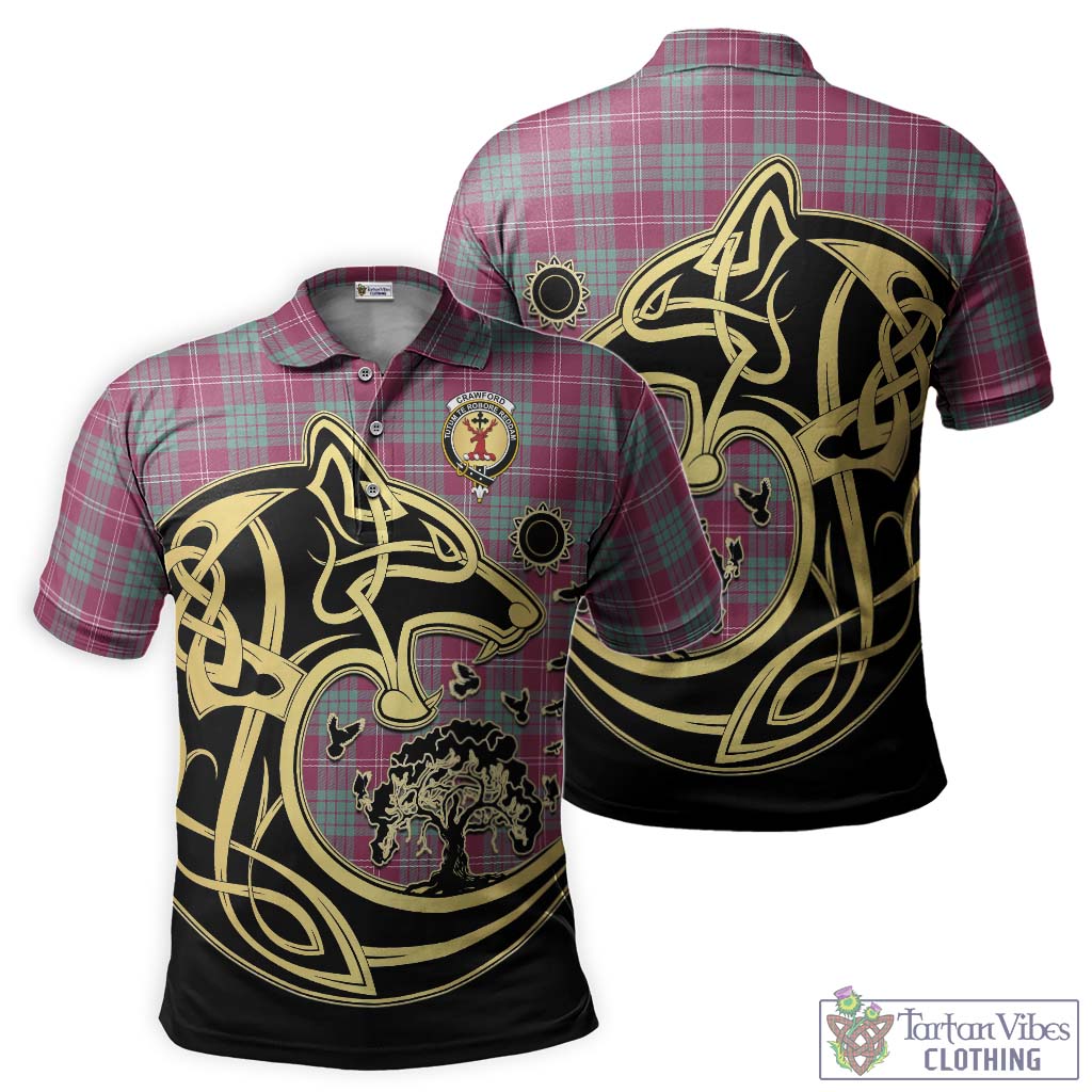 Tartan Vibes Clothing Crawford Ancient Tartan Polo Shirt with Family Crest Celtic Wolf Style