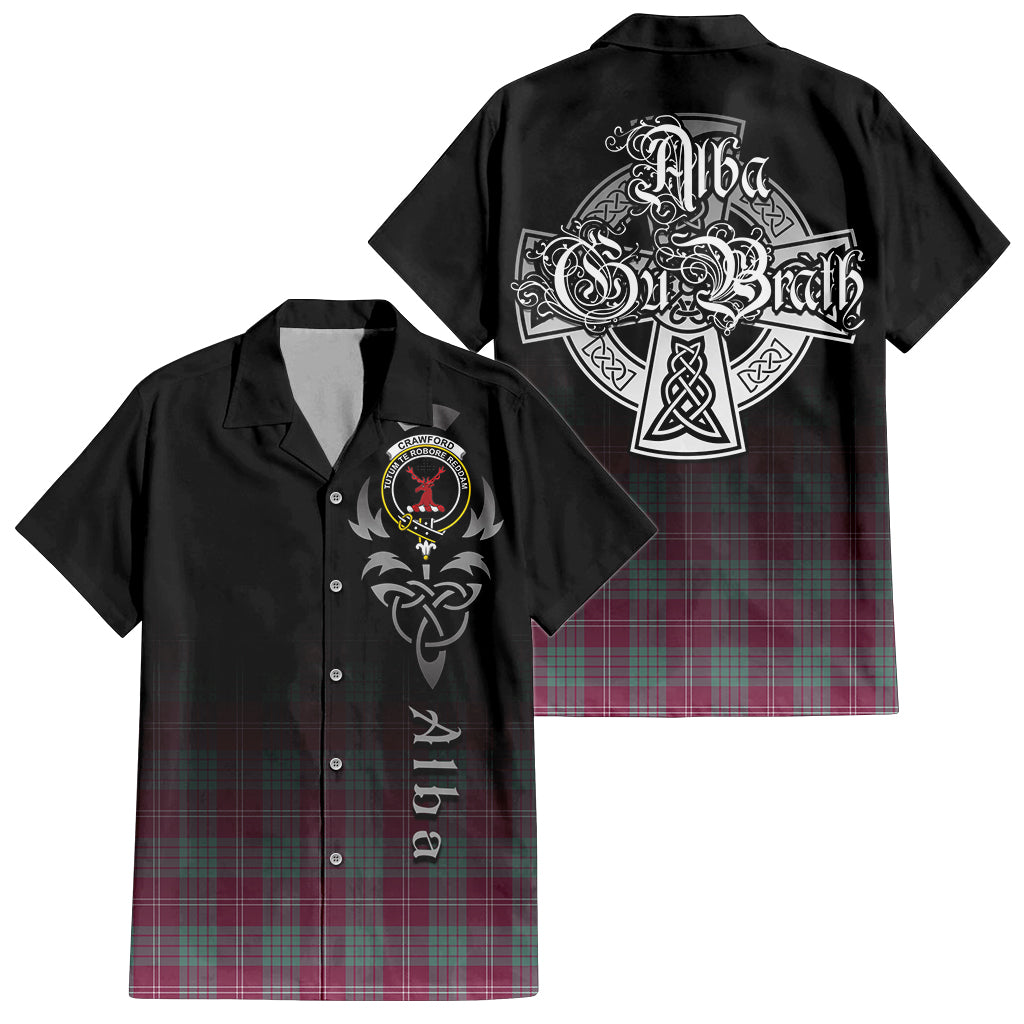 Tartan Vibes Clothing Crawford Ancient Tartan Short Sleeve Button Up Featuring Alba Gu Brath Family Crest Celtic Inspired