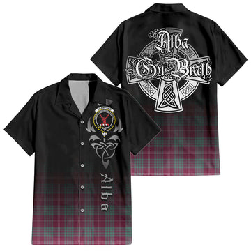 Crawford Ancient Tartan Short Sleeve Button Up Shirt Featuring Alba Gu Brath Family Crest Celtic Inspired