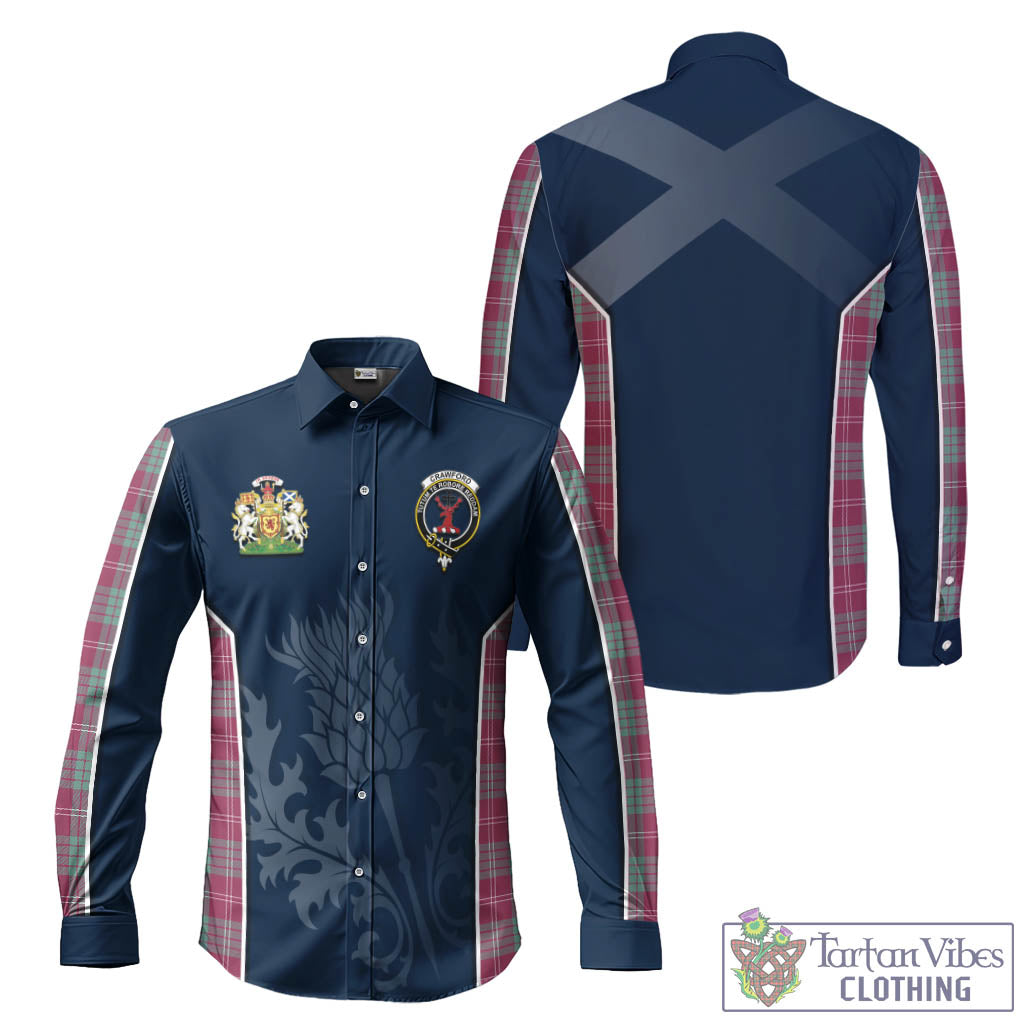 Tartan Vibes Clothing Crawford Ancient Tartan Long Sleeve Button Up Shirt with Family Crest and Scottish Thistle Vibes Sport Style