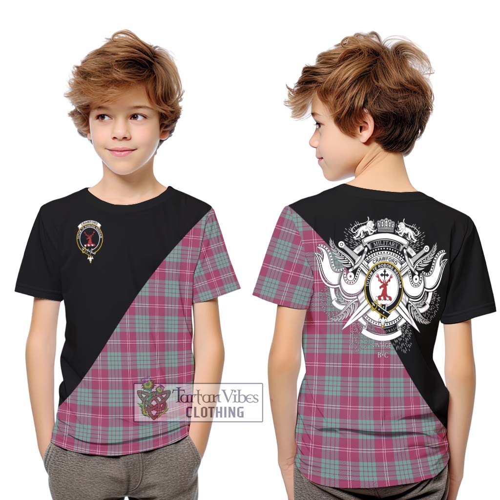 Tartan Vibes Clothing Crawford Ancient Tartan Kid T-Shirt with Family Crest and Military Logo Style