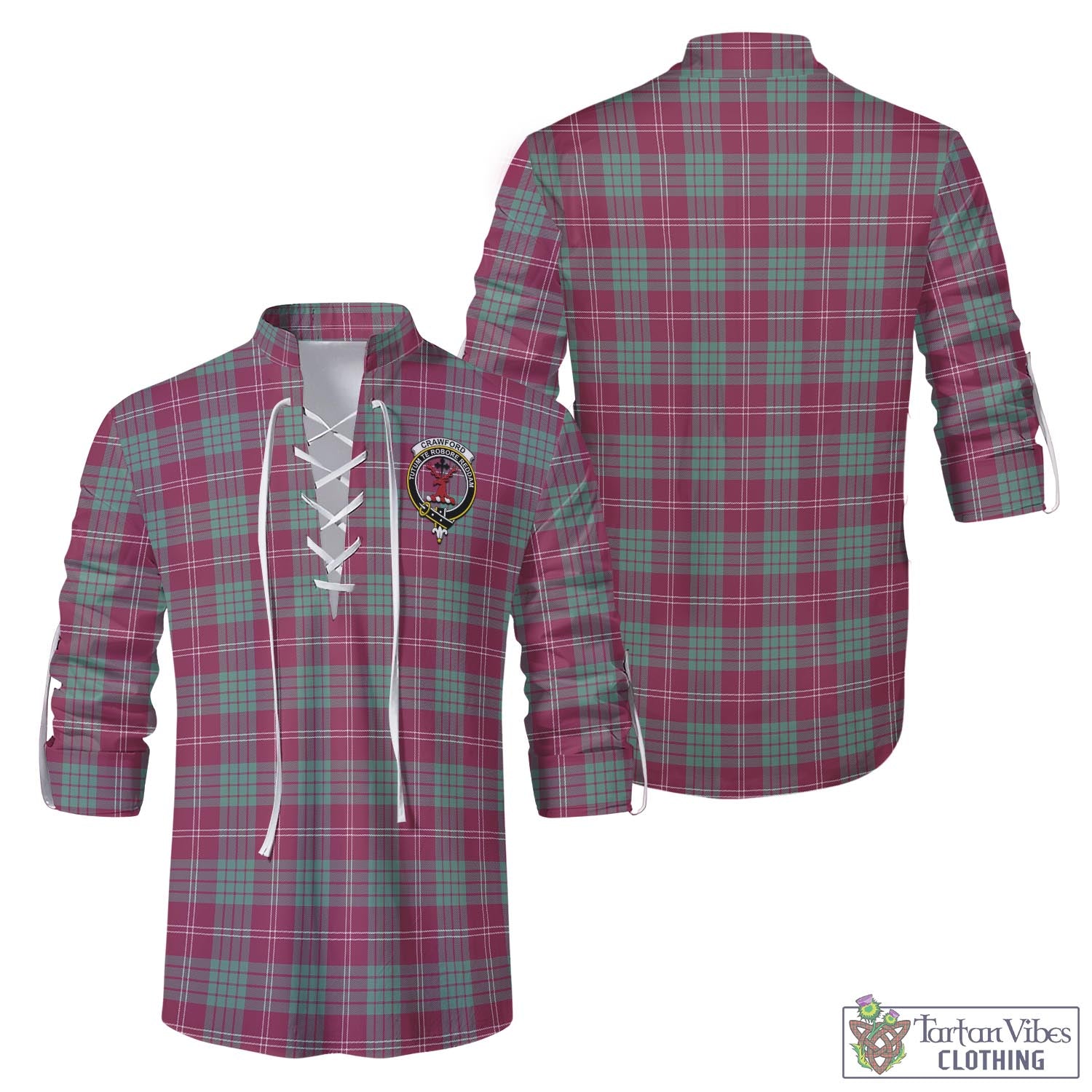 Tartan Vibes Clothing Crawford Ancient Tartan Men's Scottish Traditional Jacobite Ghillie Kilt Shirt with Family Crest