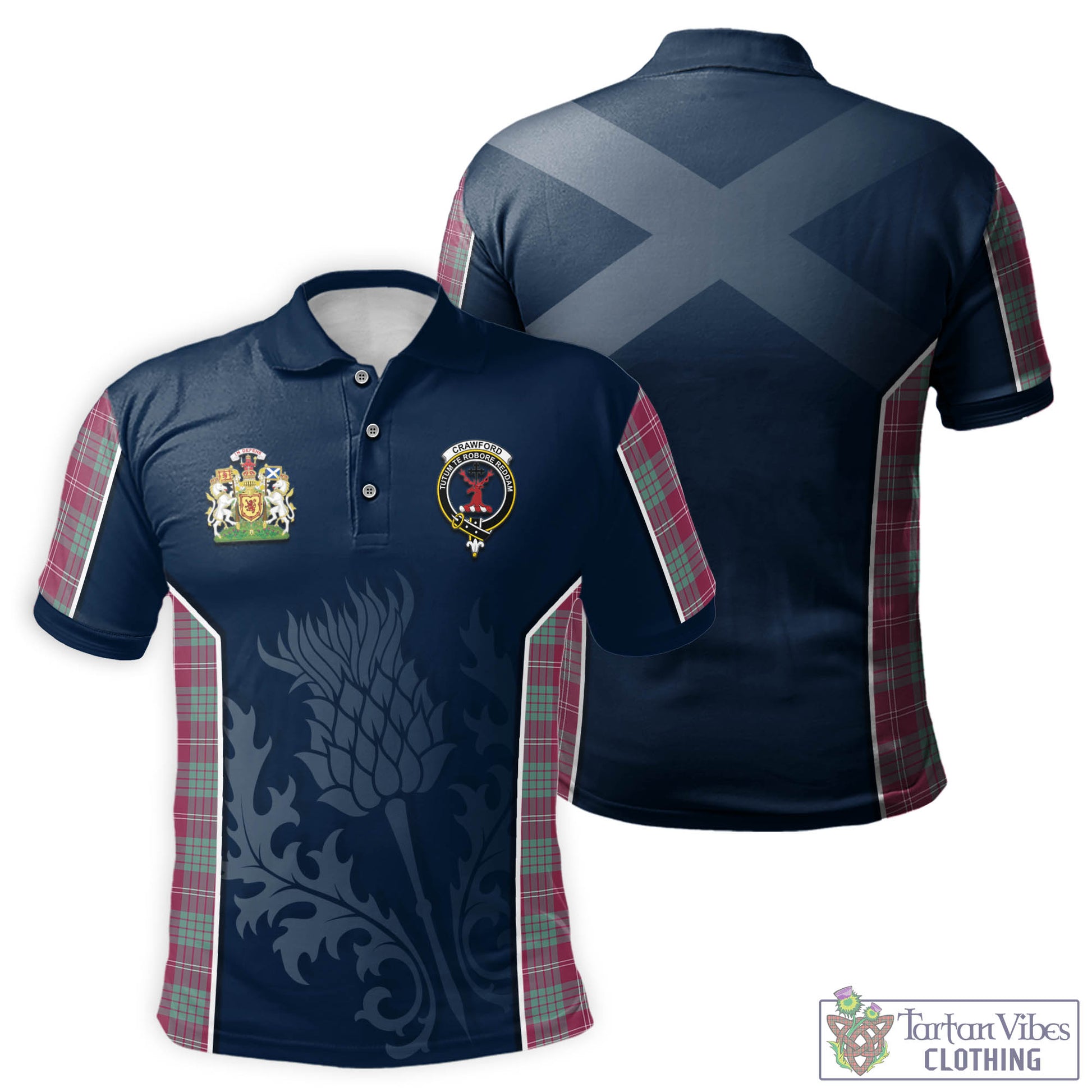 Tartan Vibes Clothing Crawford Ancient Tartan Men's Polo Shirt with Family Crest and Scottish Thistle Vibes Sport Style