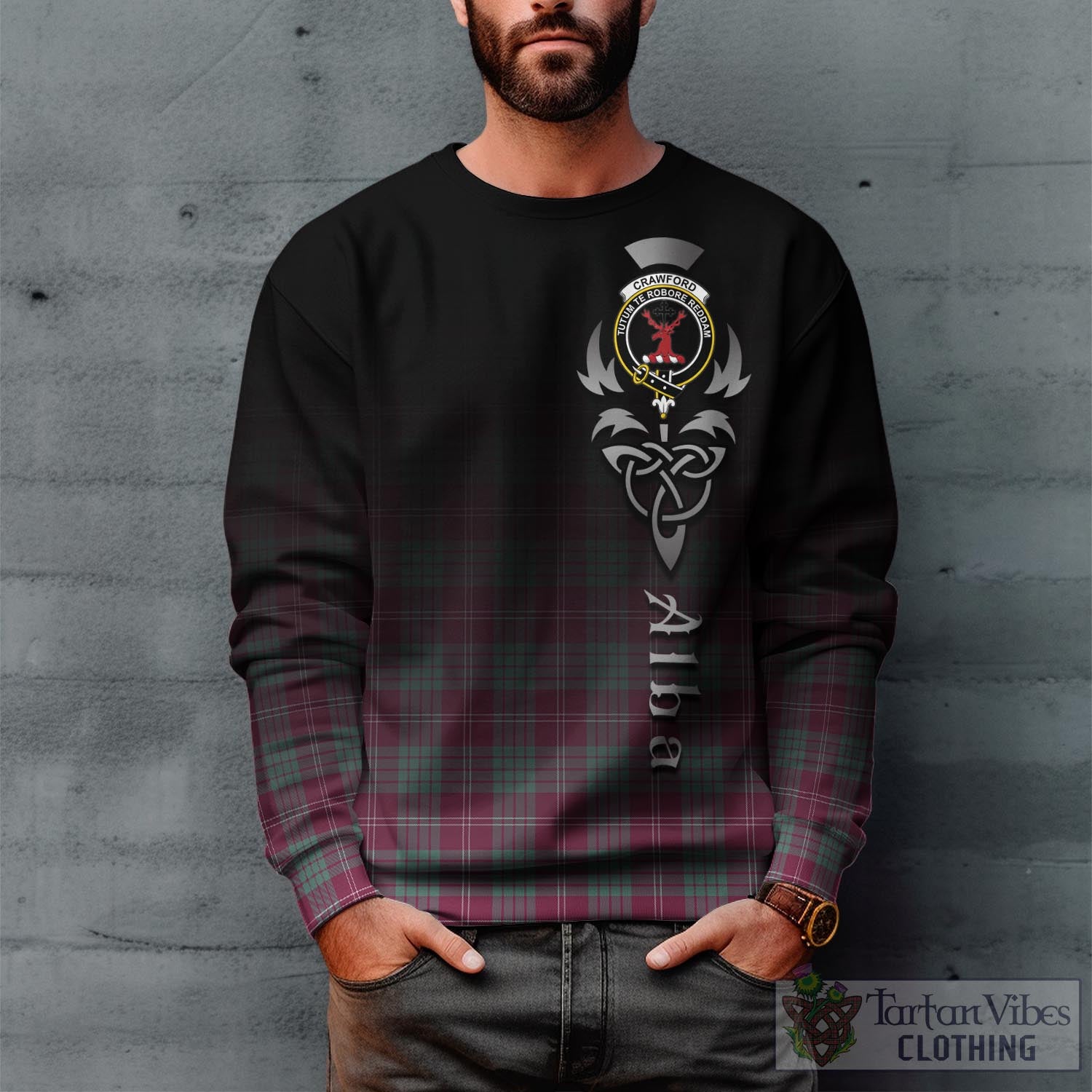 Tartan Vibes Clothing Crawford Ancient Tartan Sweatshirt Featuring Alba Gu Brath Family Crest Celtic Inspired