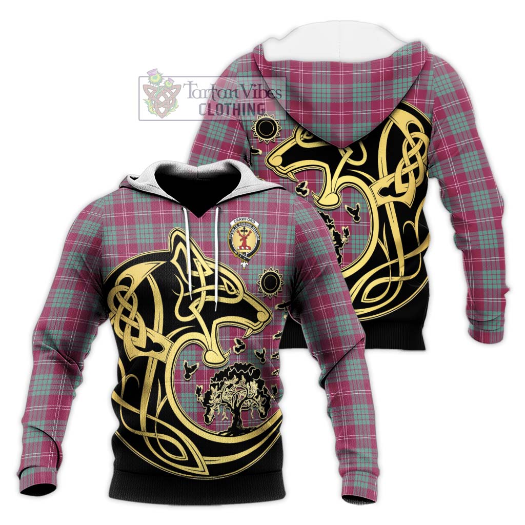 Tartan Vibes Clothing Crawford Ancient Tartan Knitted Hoodie with Family Crest Celtic Wolf Style