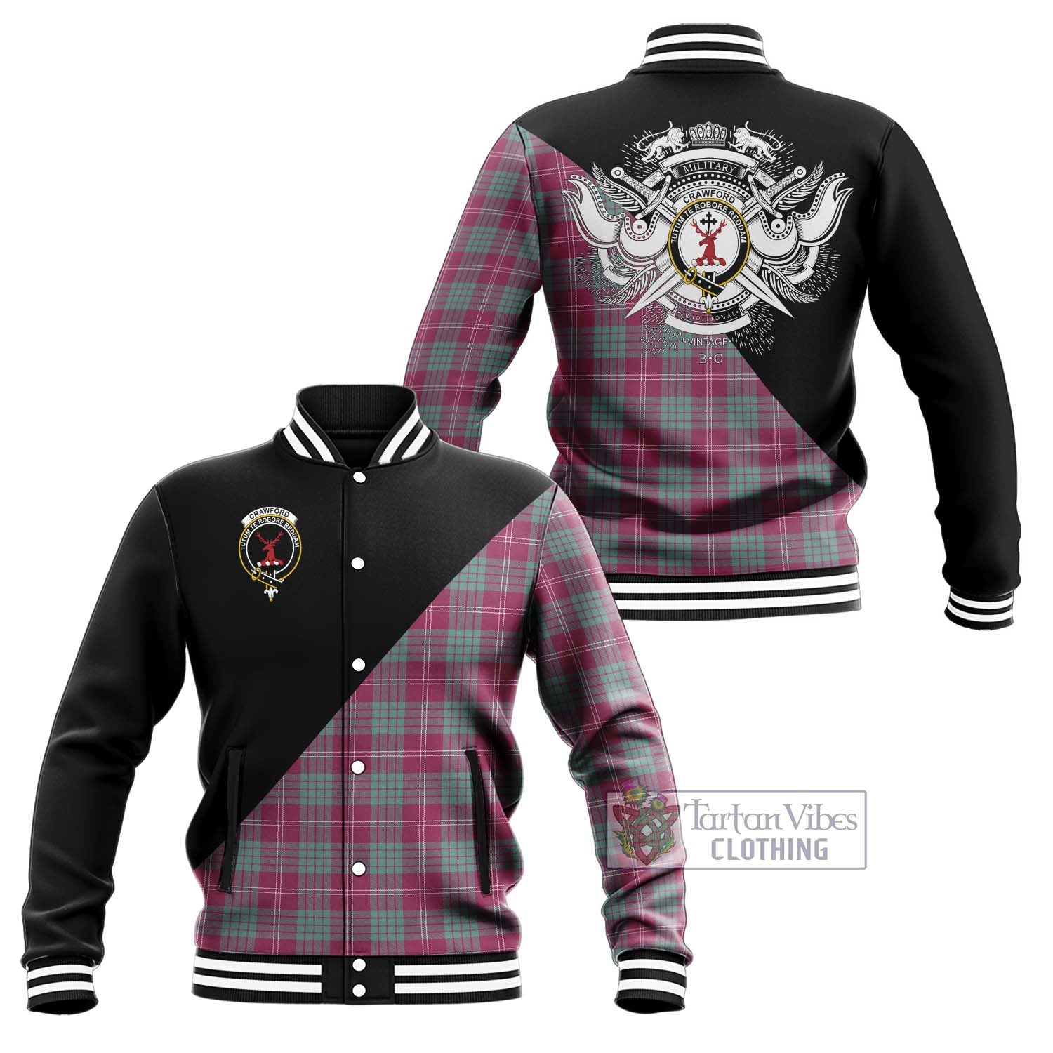 Tartan Vibes Clothing Crawford Ancient Tartan Baseball Jacket with Family Crest and Military Logo Style