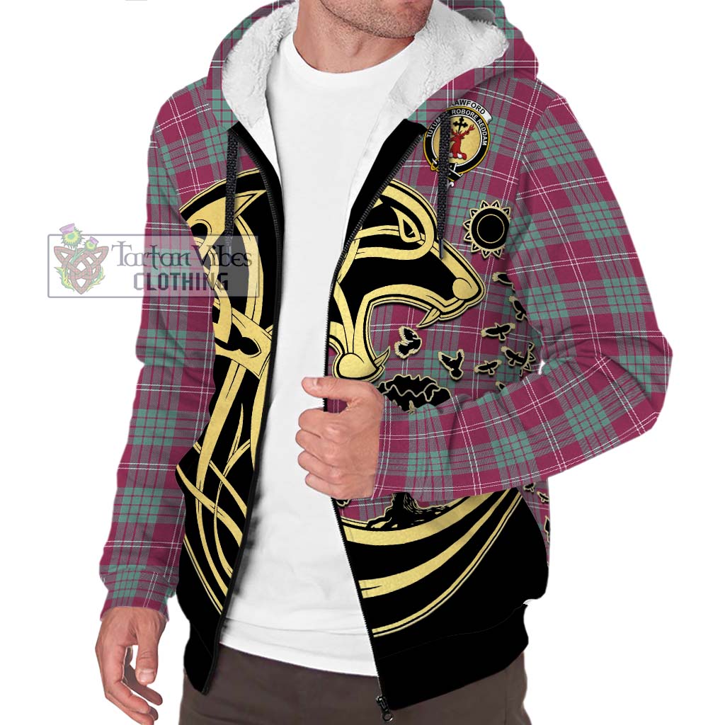 Tartan Vibes Clothing Crawford Ancient Tartan Sherpa Hoodie with Family Crest Celtic Wolf Style