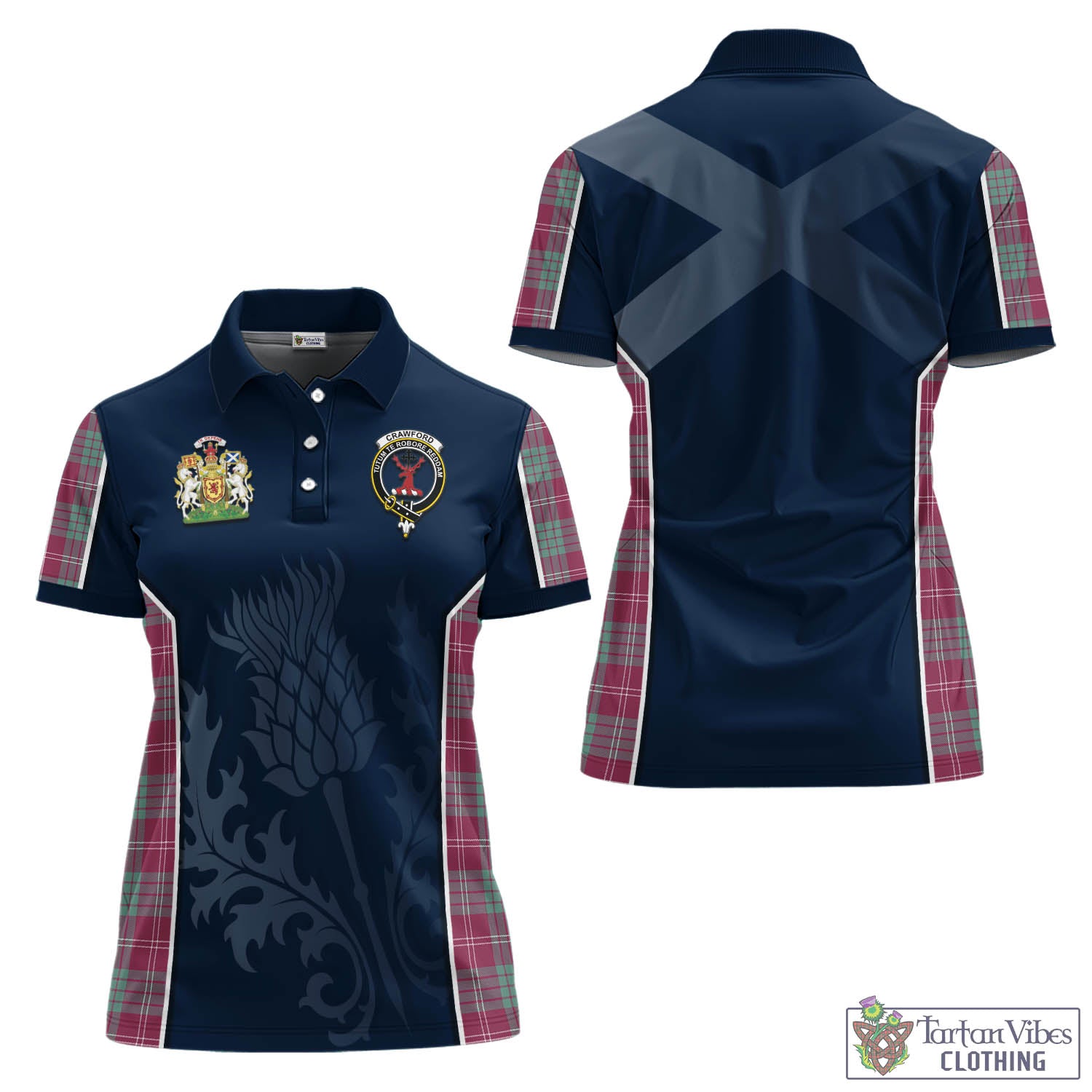 Tartan Vibes Clothing Crawford Ancient Tartan Women's Polo Shirt with Family Crest and Scottish Thistle Vibes Sport Style