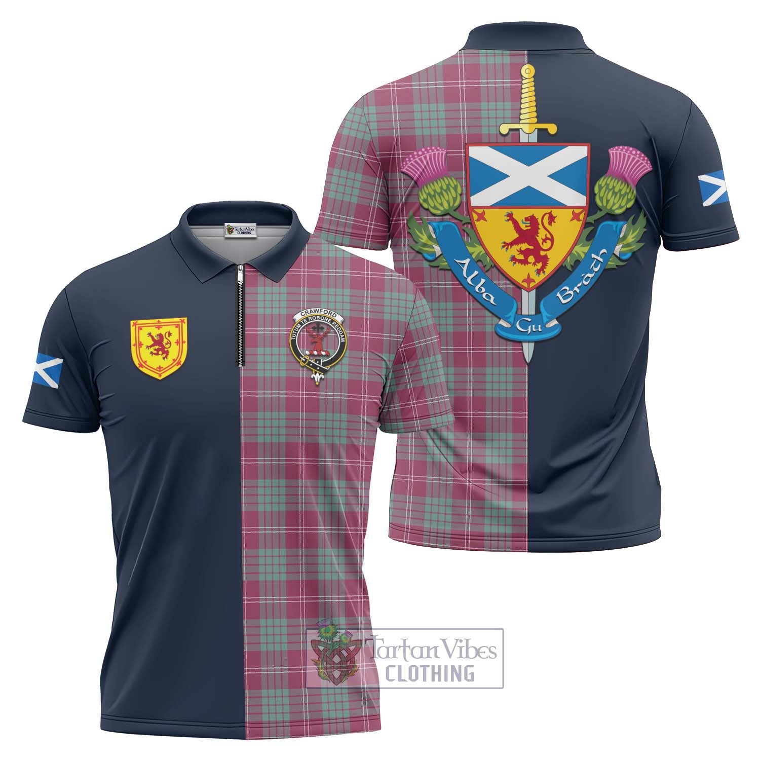 Tartan Vibes Clothing Crawford Ancient Tartan Zipper Polo Shirt with Scottish Lion Royal Arm Half Style