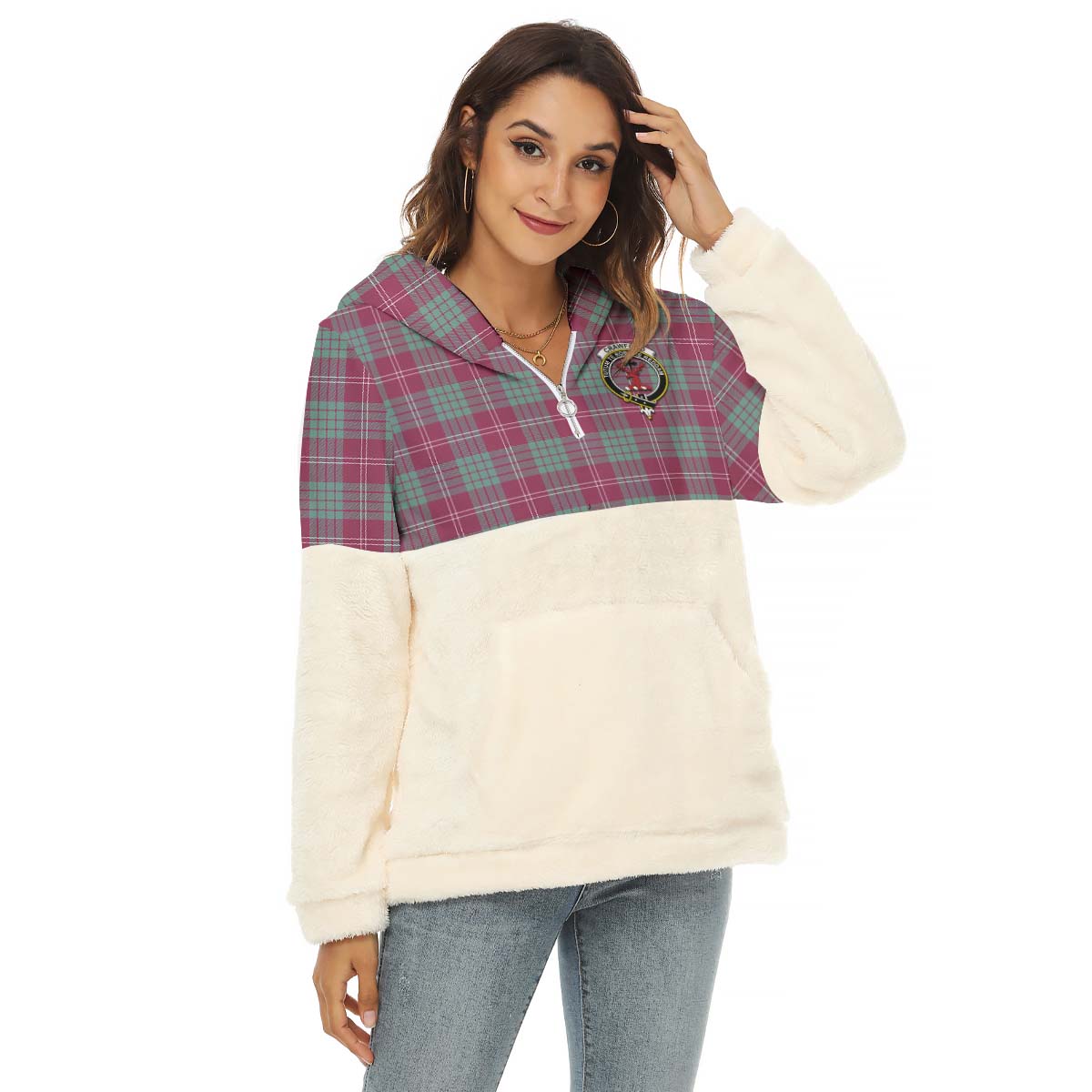 Crawford Ancient Tartan Women's Borg Fleece Hoodie With Half Zip with Family Crest Female - Tartanvibesclothing