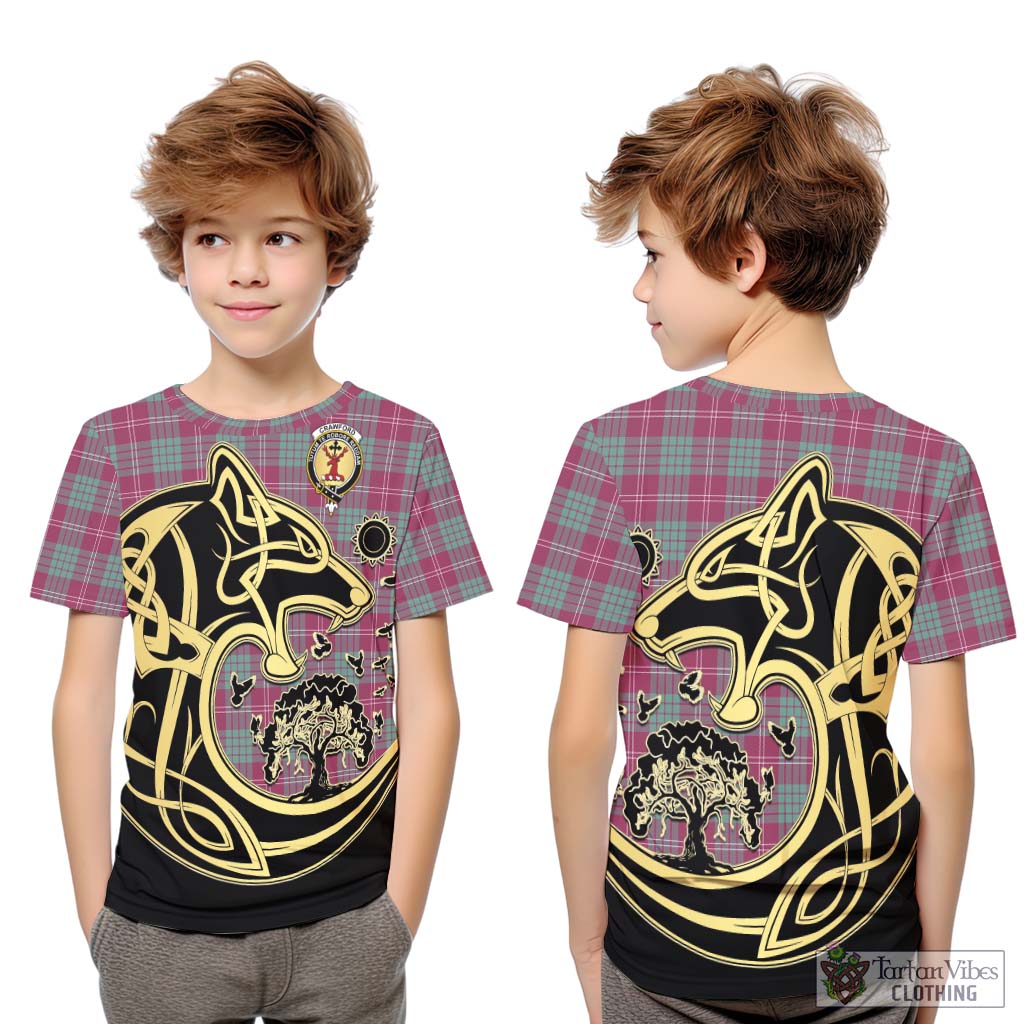 Tartan Vibes Clothing Crawford Ancient Tartan Kid T-Shirt with Family Crest Celtic Wolf Style