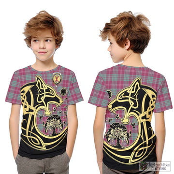 Crawford Ancient Tartan Kid T-Shirt with Family Crest Celtic Wolf Style