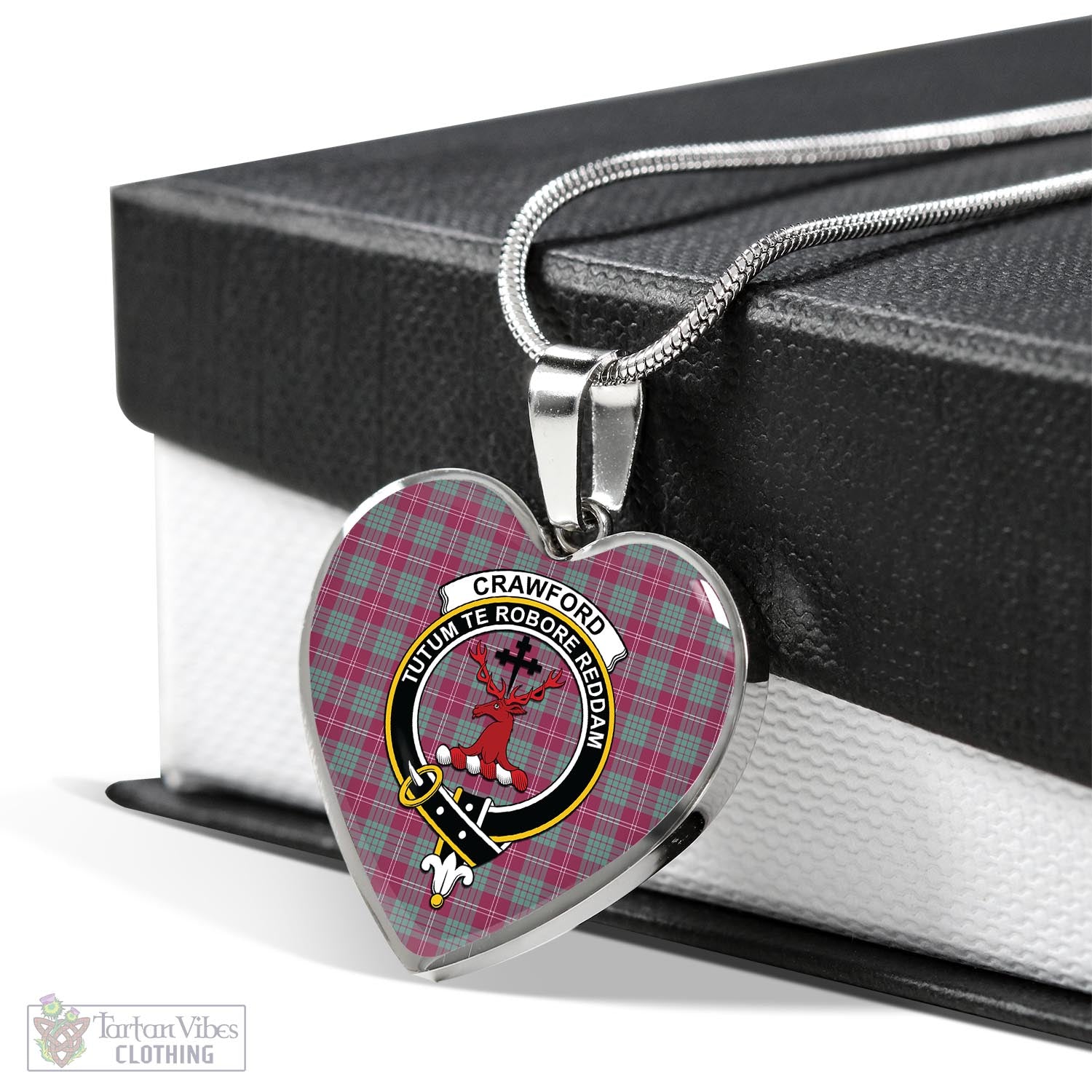 Tartan Vibes Clothing Crawford Ancient Tartan Heart Necklace with Family Crest