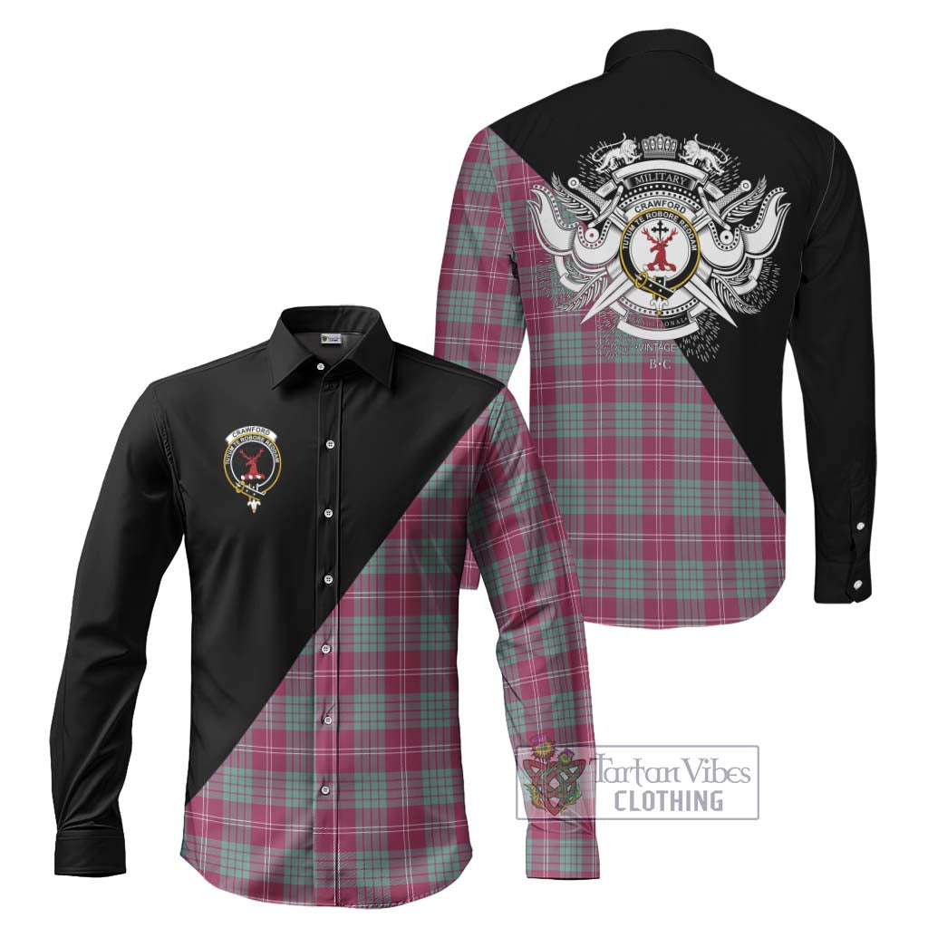 Tartan Vibes Clothing Crawford Ancient Tartan Long Sleeve Button Shirt with Family Crest and Military Logo Style