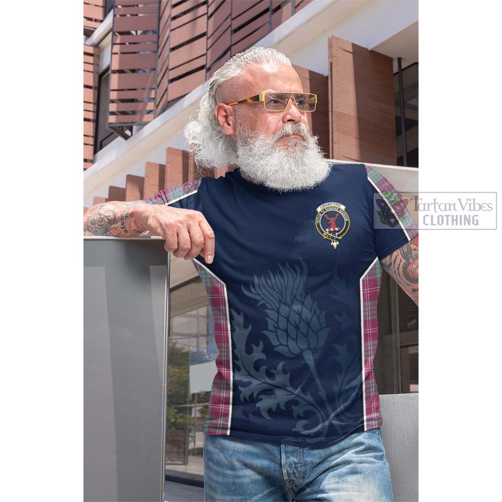 Tartan Vibes Clothing Crawford Ancient Tartan Cotton T-shirt with Family Crest and Scottish Thistle Vibes Sport Style