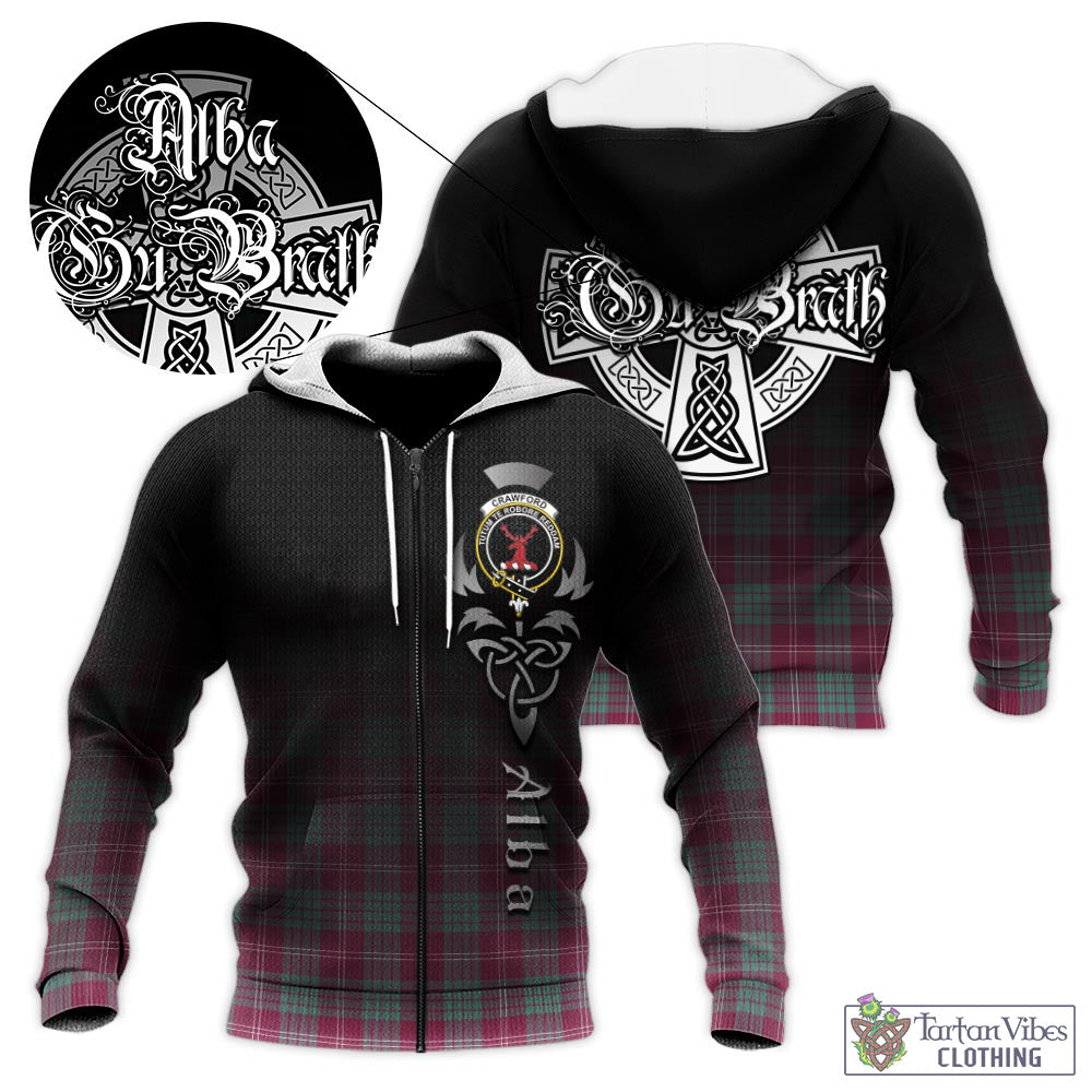 Tartan Vibes Clothing Crawford Ancient Tartan Knitted Hoodie Featuring Alba Gu Brath Family Crest Celtic Inspired