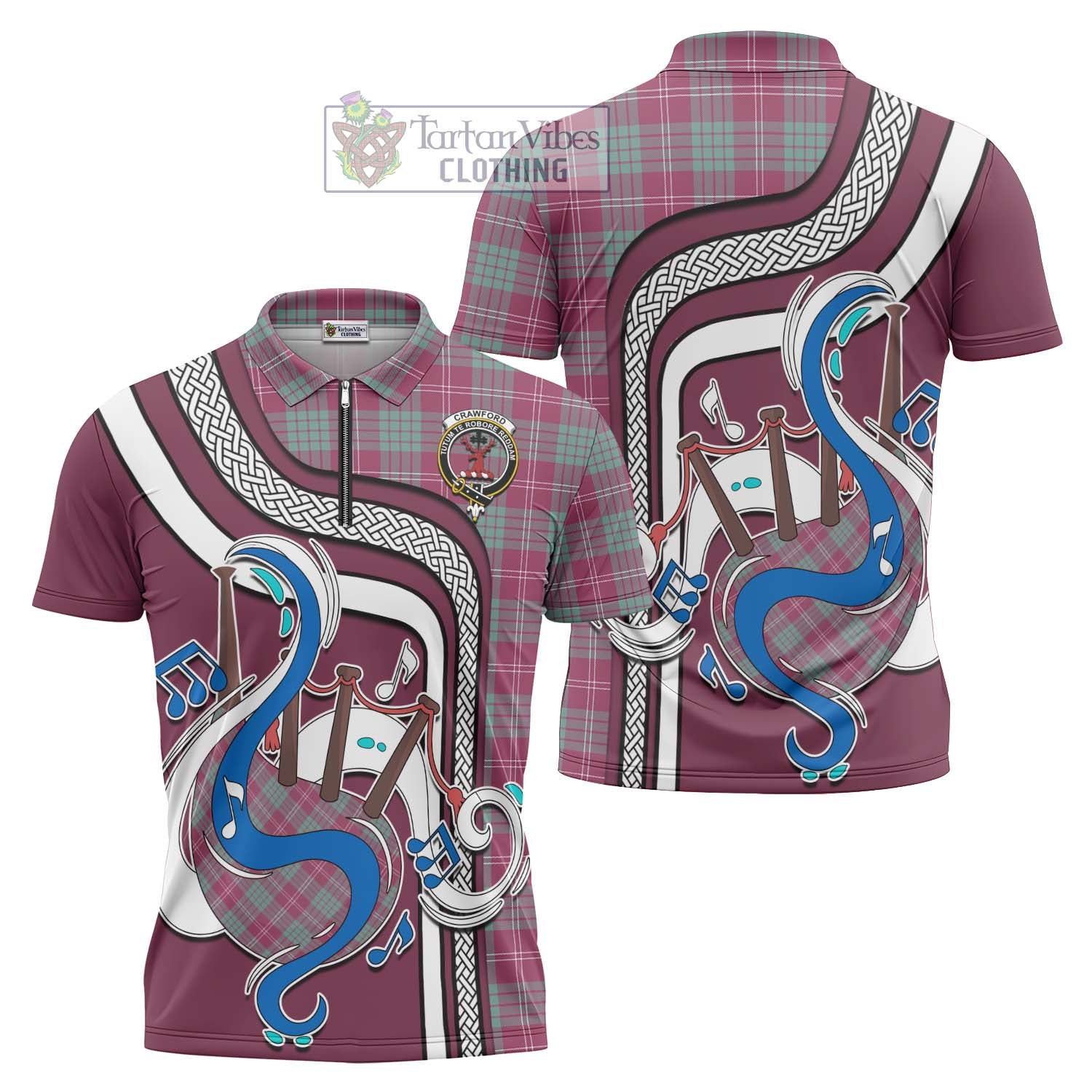 Tartan Vibes Clothing Crawford Ancient Tartan Zipper Polo Shirt with Epic Bagpipe Style