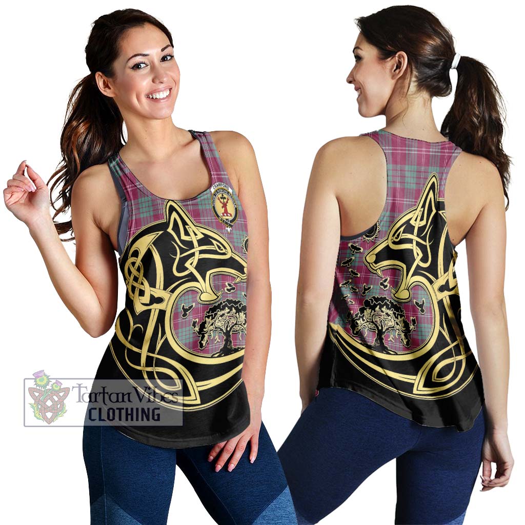 Tartan Vibes Clothing Crawford Ancient Tartan Women's Racerback Tanks with Family Crest Celtic Wolf Style