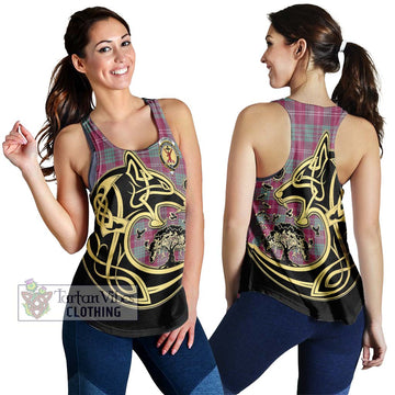 Crawford Ancient Tartan Women's Racerback Tanks with Family Crest Celtic Wolf Style