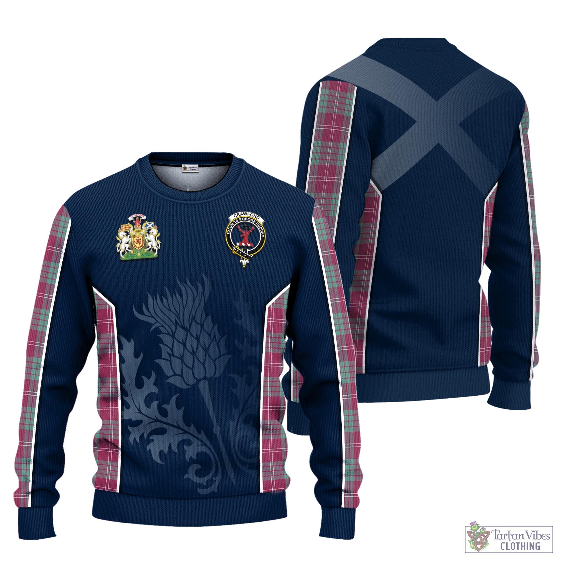 Tartan Vibes Clothing Crawford Ancient Tartan Knitted Sweatshirt with Family Crest and Scottish Thistle Vibes Sport Style