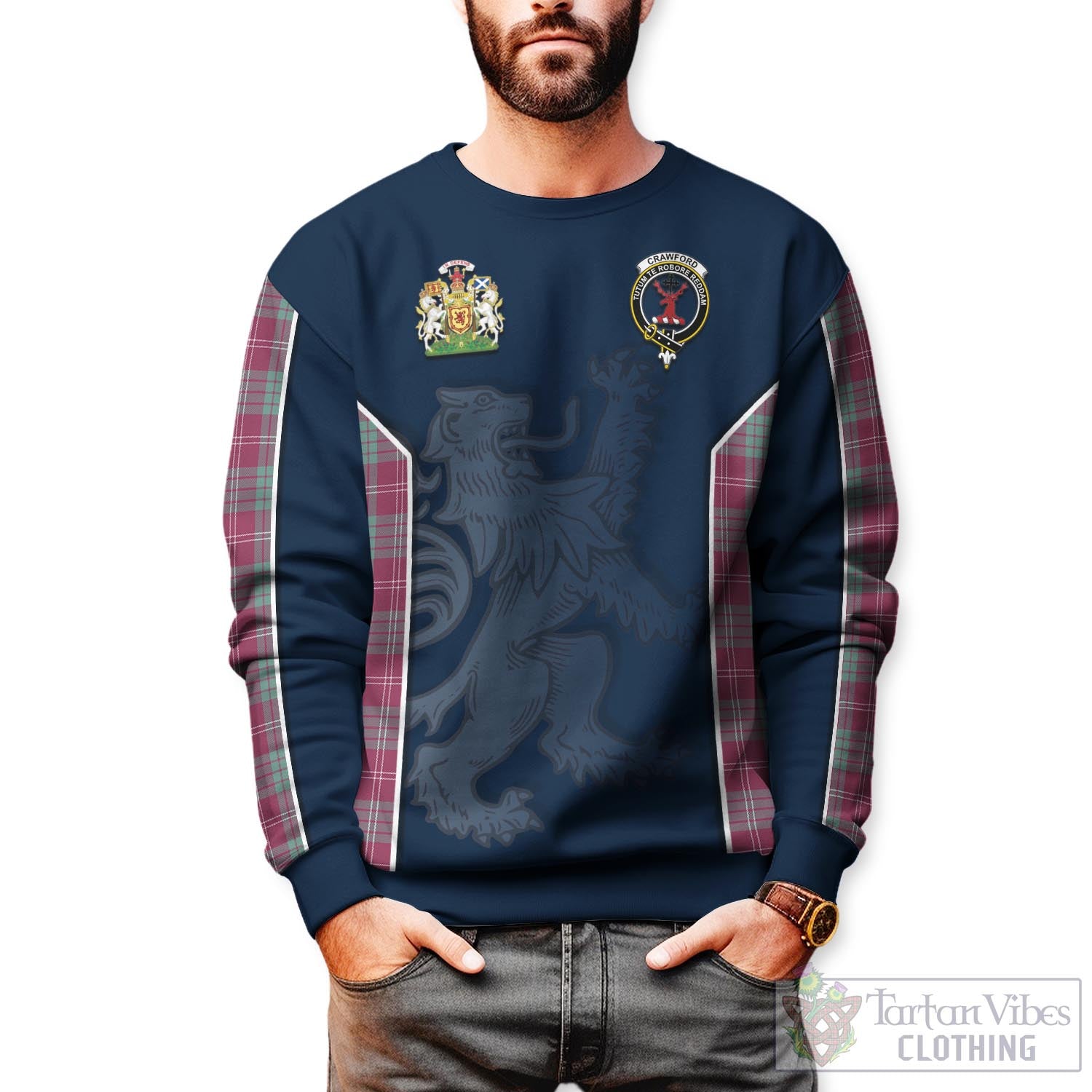 Tartan Vibes Clothing Crawford Ancient Tartan Sweater with Family Crest and Lion Rampant Vibes Sport Style