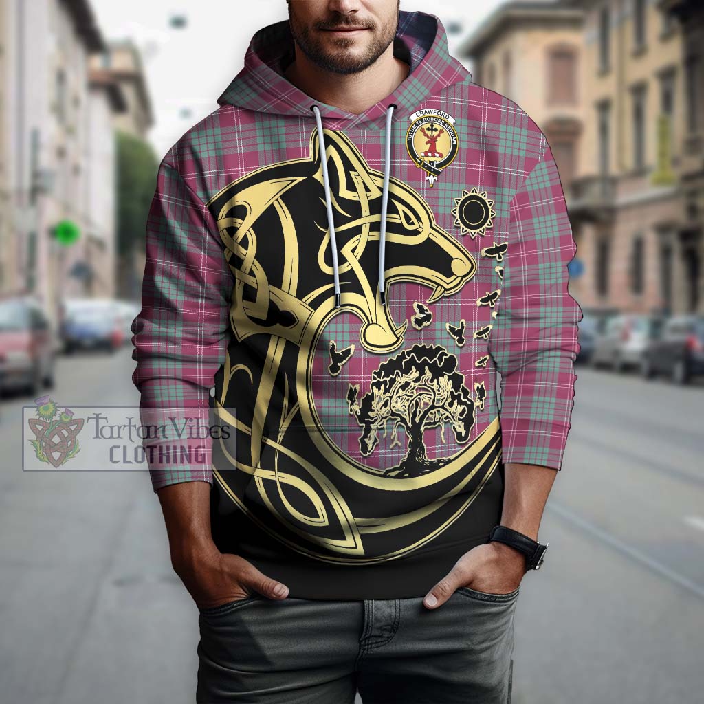 Tartan Vibes Clothing Crawford Ancient Tartan Hoodie with Family Crest Celtic Wolf Style