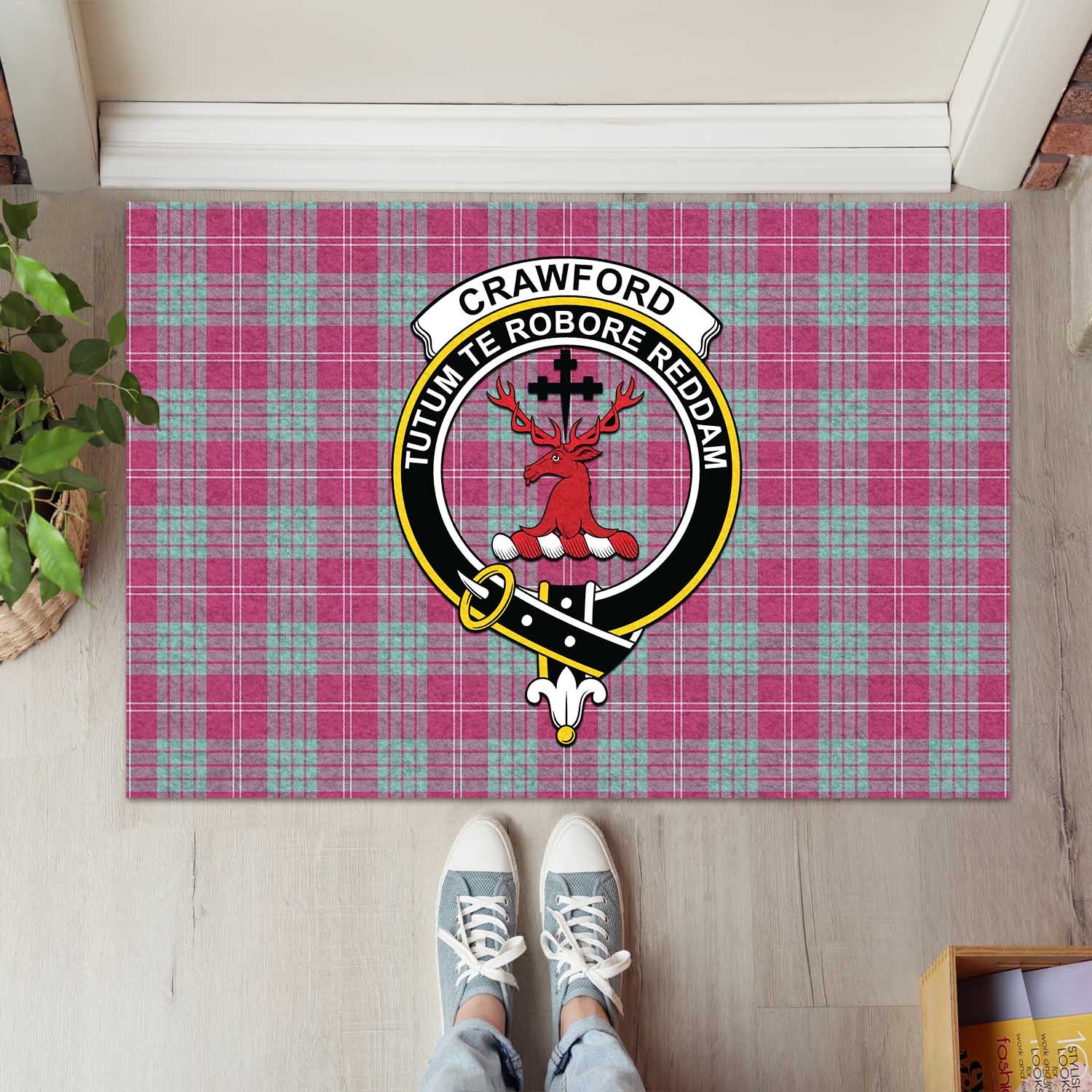 Crawford Ancient Tartan Door Mat with Family Crest - Tartanvibesclothing