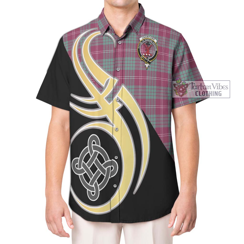 Tartan Vibes Clothing Crawford Ancient Tartan Short Sleeve Button Shirt with Family Crest and Celtic Symbol Style