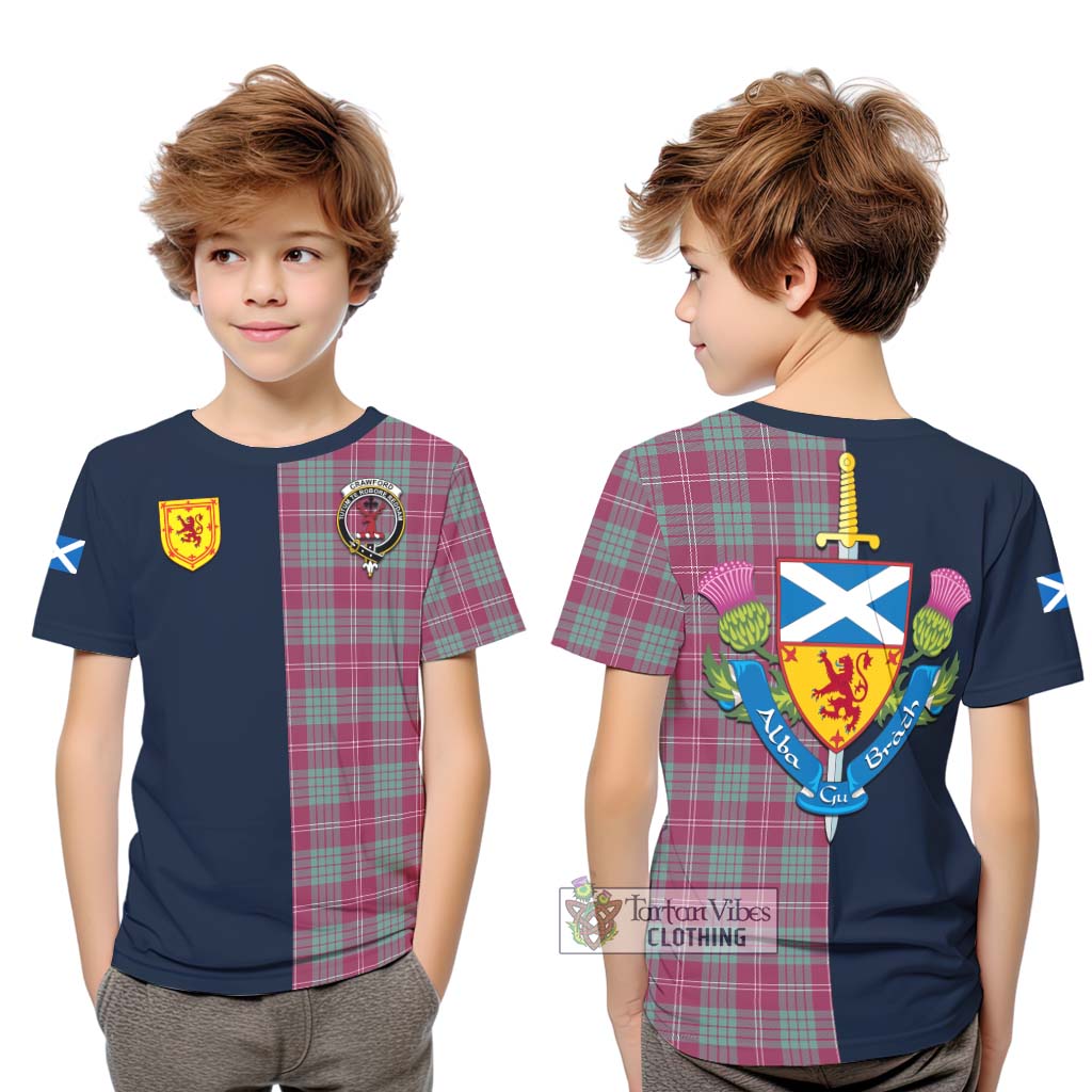 Tartan Vibes Clothing Crawford Ancient Tartan Kid T-Shirt with Scottish Lion Royal Arm Half Style