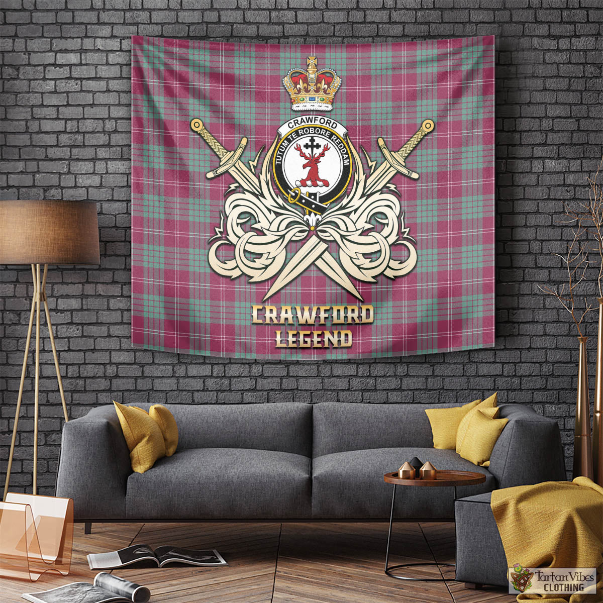 Tartan Vibes Clothing Crawford Ancient Tartan Tapestry with Clan Crest and the Golden Sword of Courageous Legacy