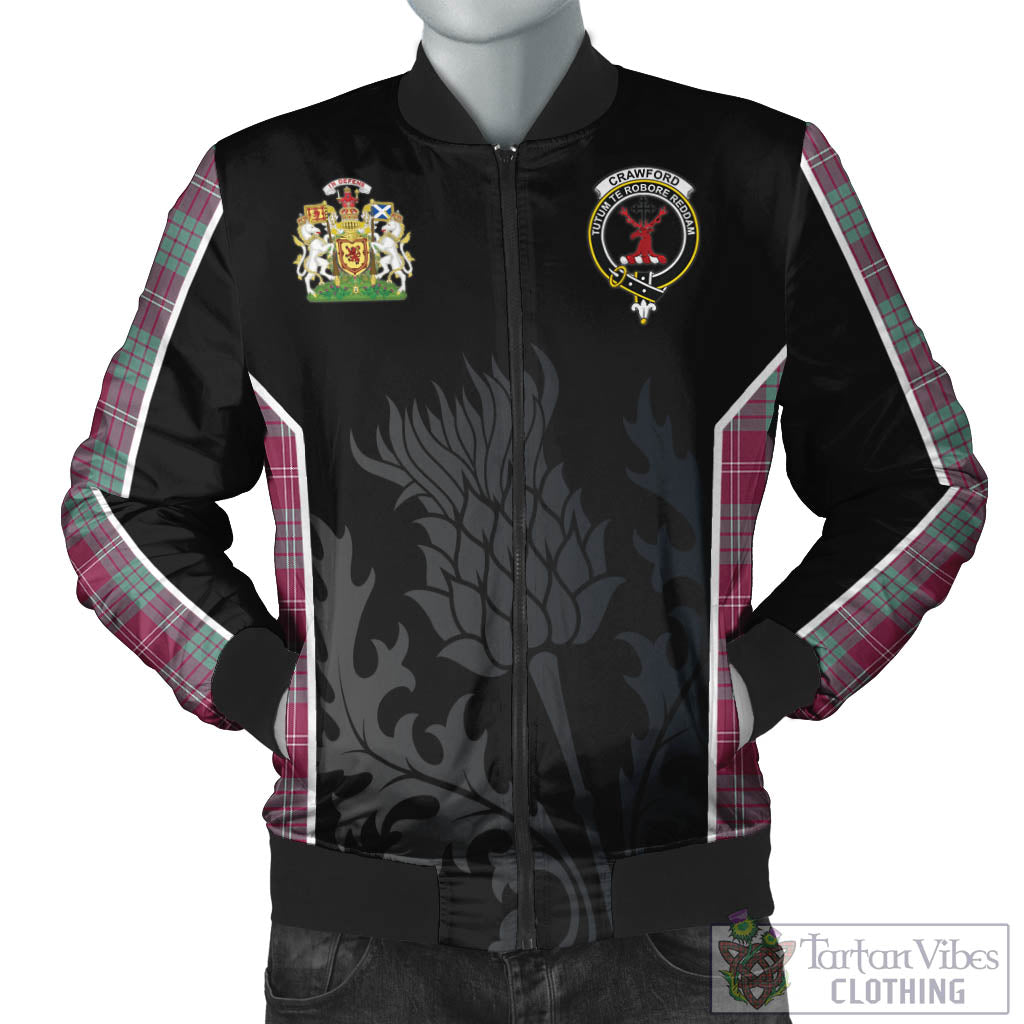 Tartan Vibes Clothing Crawford Ancient Tartan Bomber Jacket with Family Crest and Scottish Thistle Vibes Sport Style