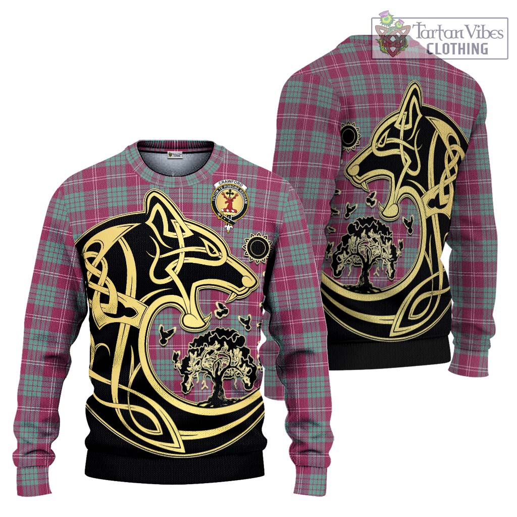 Tartan Vibes Clothing Crawford Ancient Tartan Knitted Sweater with Family Crest Celtic Wolf Style