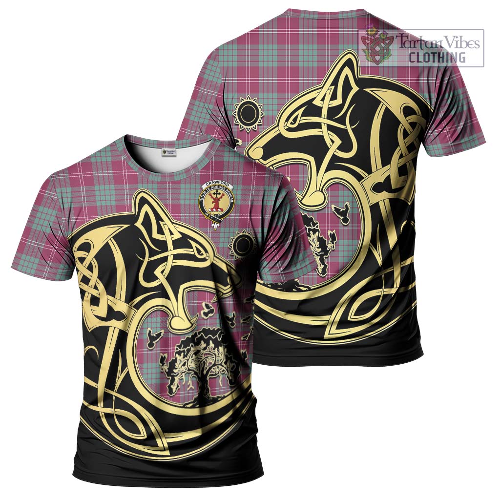 Tartan Vibes Clothing Crawford Ancient Tartan T-Shirt with Family Crest Celtic Wolf Style