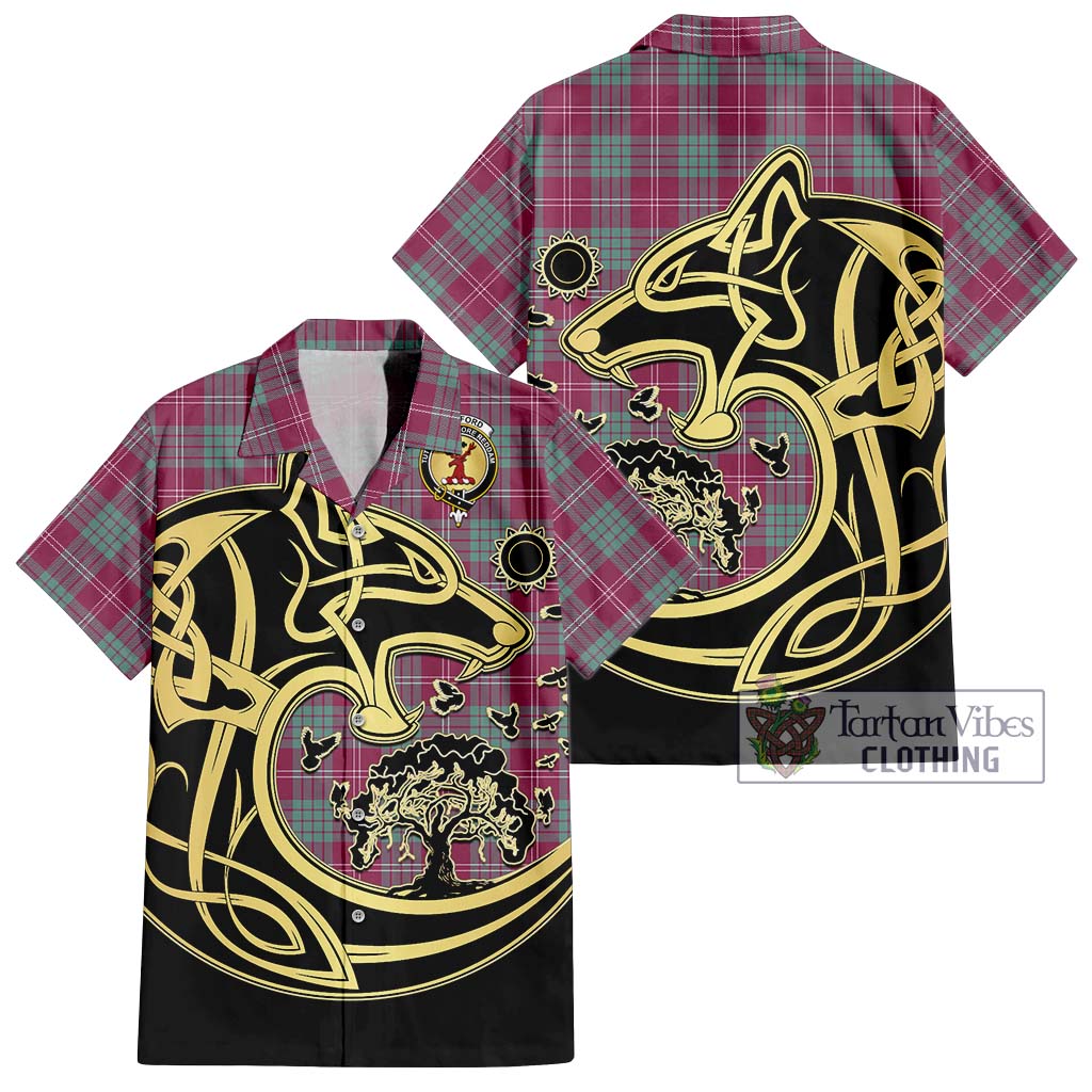 Tartan Vibes Clothing Crawford Ancient Tartan Short Sleeve Button Shirt with Family Crest Celtic Wolf Style