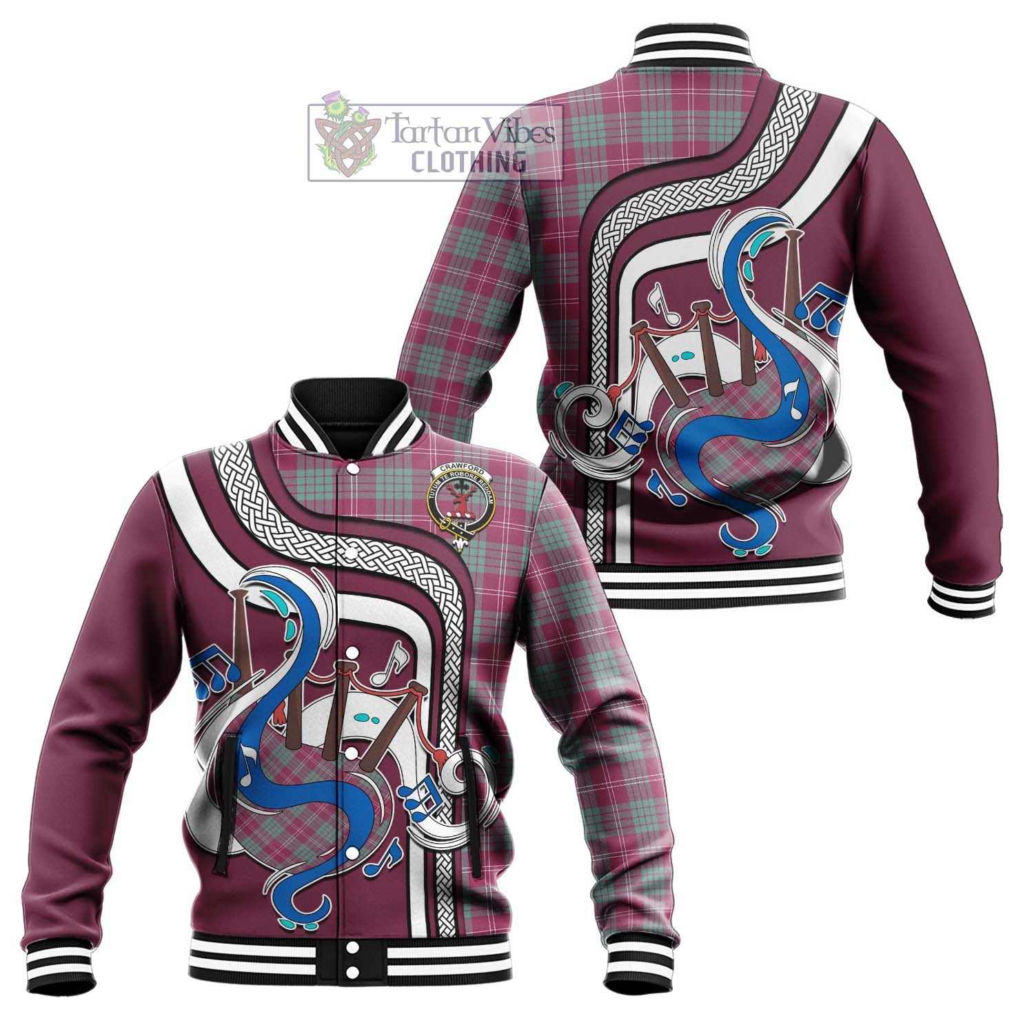 Tartan Vibes Clothing Crawford Ancient Tartan Baseball Jacket with Epic Bagpipe Style