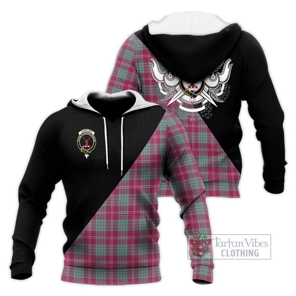 Tartan Vibes Clothing Crawford Ancient Tartan Knitted Hoodie with Family Crest and Military Logo Style