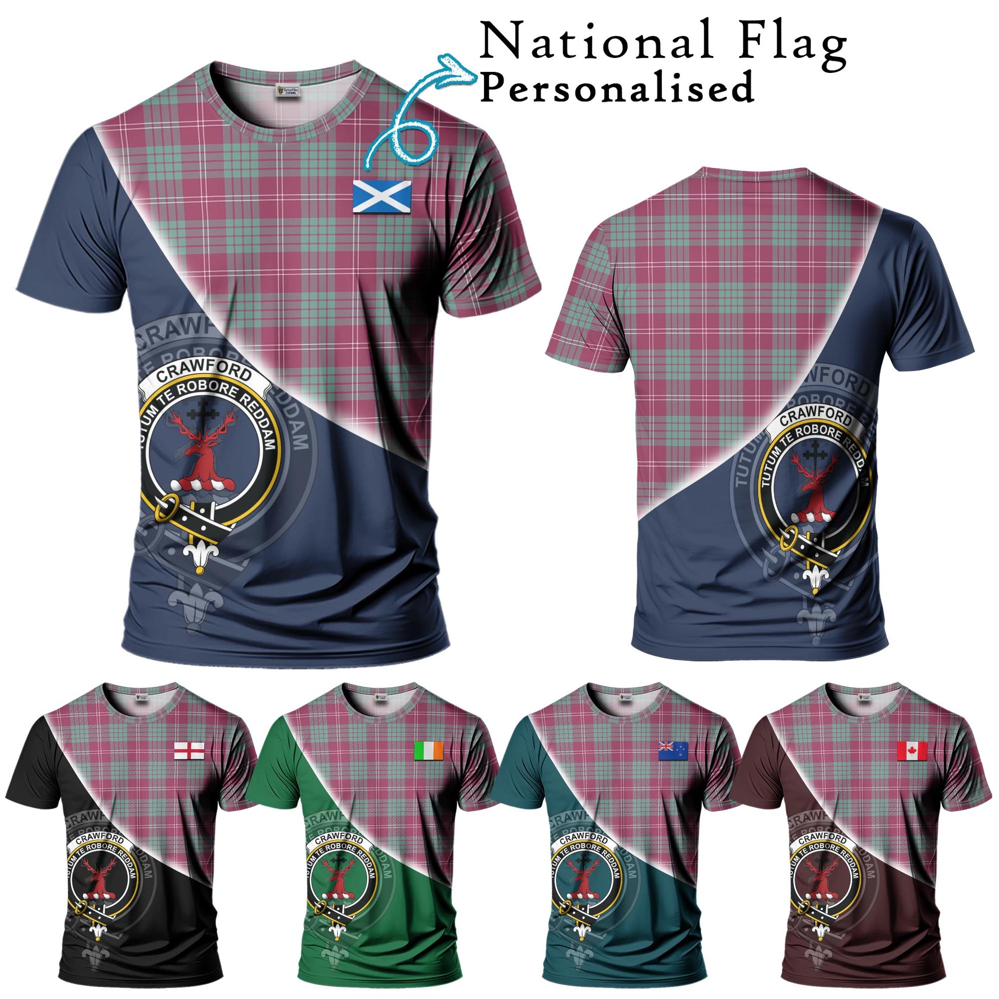 Tartan Vibes Clothing Crawford Ancient Tartan T-Shirt with Personalised National Flag and Family Crest Half Style