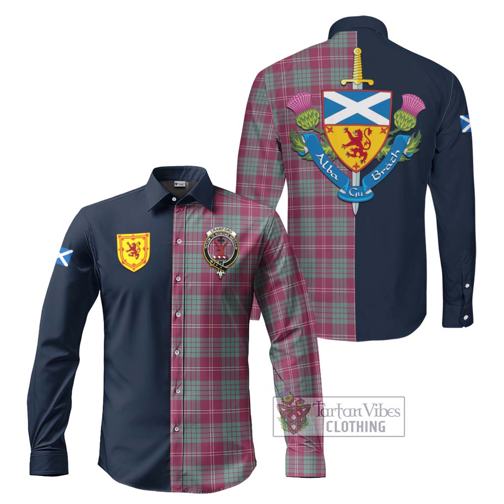 Tartan Vibes Clothing Crawford Ancient Tartan Long Sleeve Button Shirt with Scottish Lion Royal Arm Half Style